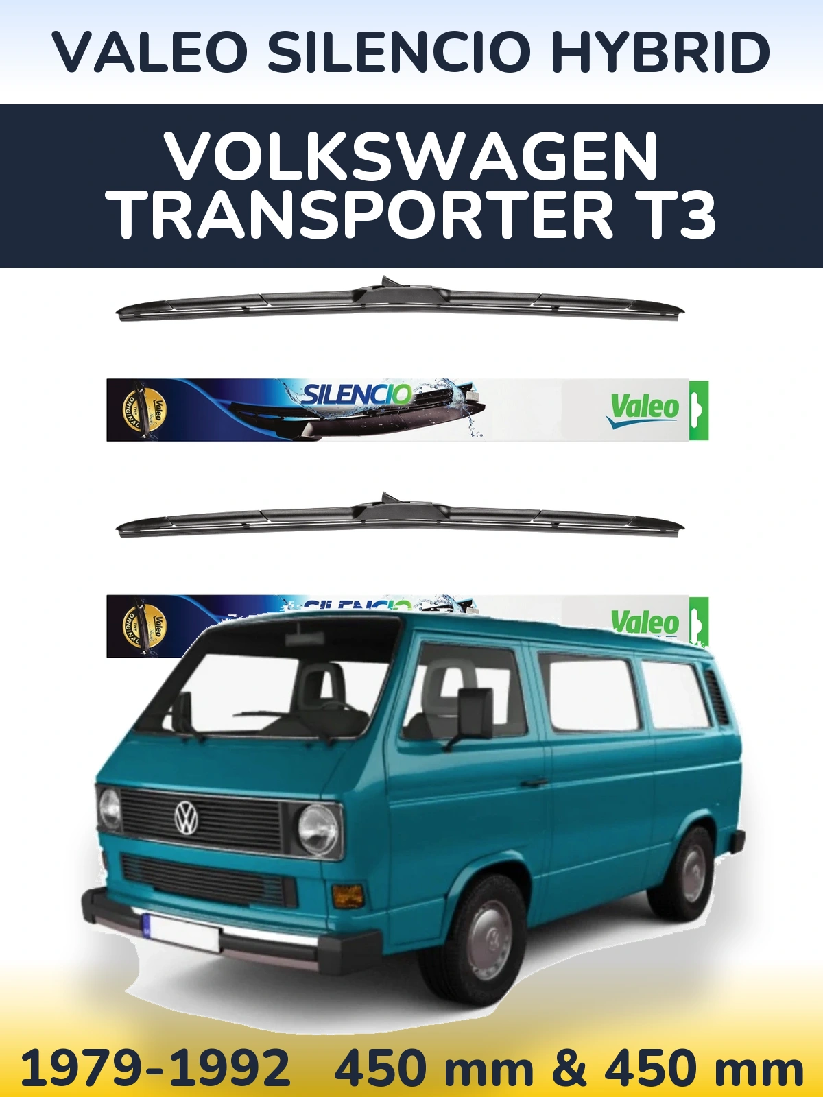 Sada předních stěračů Valeo Silencio Hybrid 450 a 450 mm pro Volkswagen Transporter T3 1979-1992