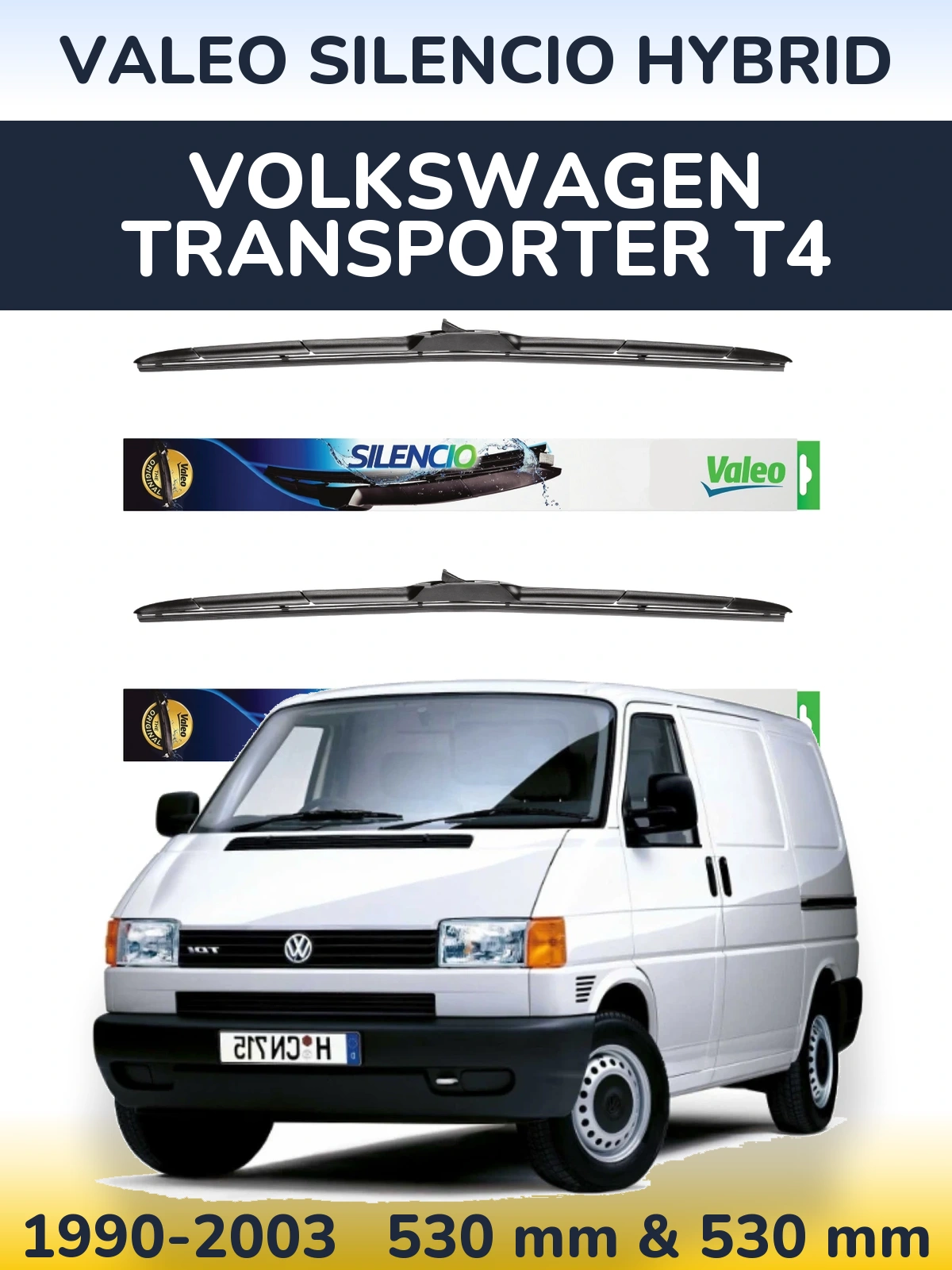 Sada předních stěračů Valeo Silencio Hybrid 530 a 530 mm pro Volkswagen Transporter T4 1990-2003