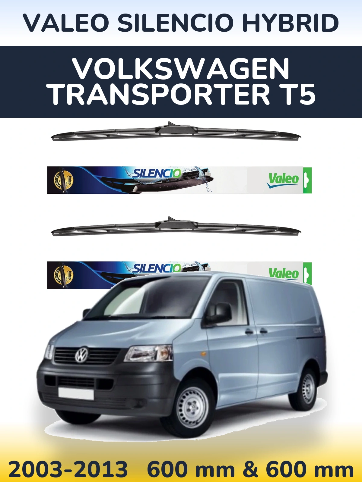 Sada předních stěračů Valeo Silencio Hybrid 600 a 600 mm pro Volkswagen Transporter T5 2003-2013