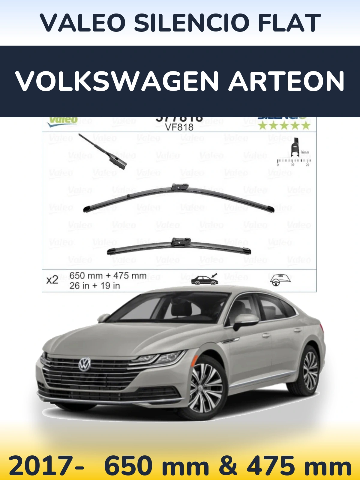 Sada předních stěračů Valeo Silencio Flat 650 a 475 mm pro Volkswagen Arteon 2017-2026