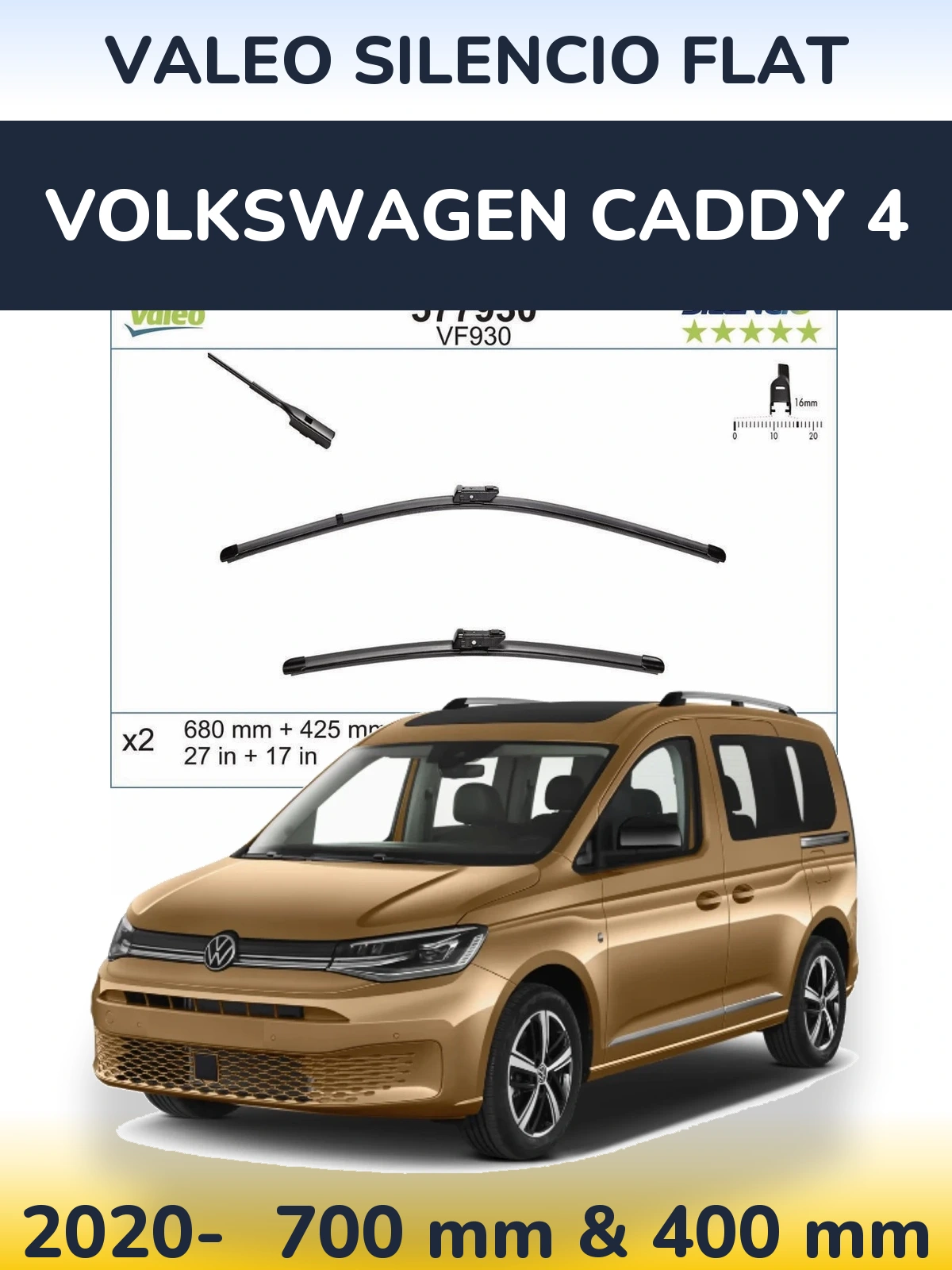 Sada předních stěračů Valeo Silencio Flat 680 a 400 mm pro Volkswagen Caddy 4 2020-2026