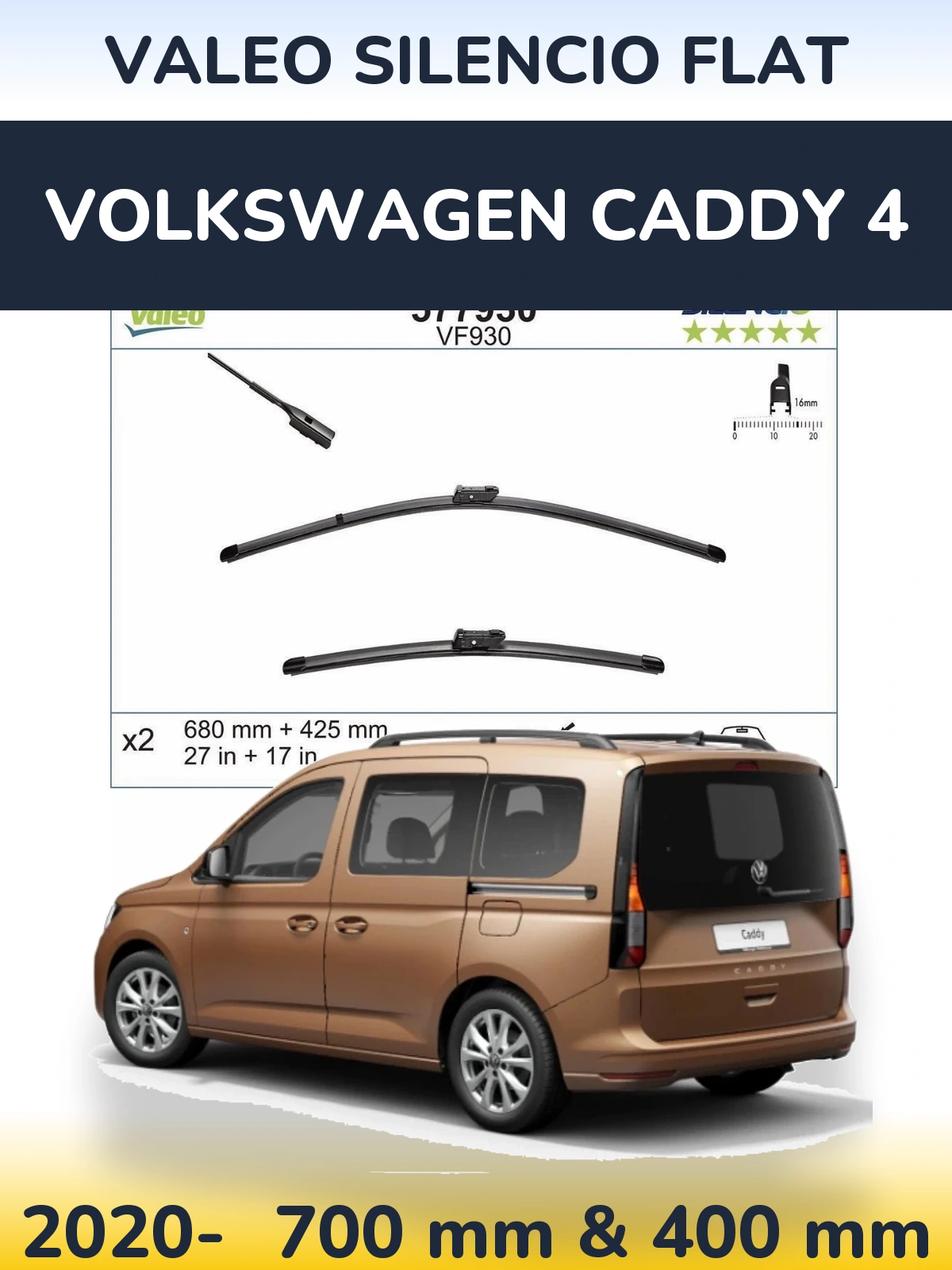 Sada předních stěračů Valeo Silencio Flat 680 a 400 mm pro Volkswagen Caddy 4 2020-2026