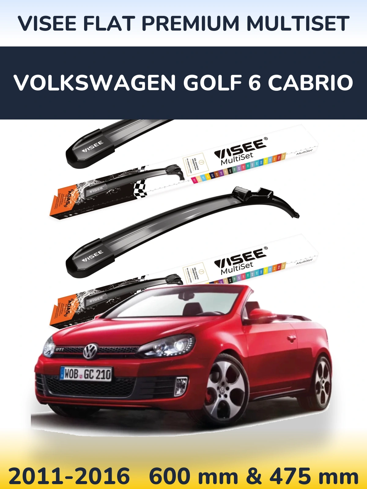 Sada předních stěračů VISEE FLAT PREMIUM MultiSet 600 a 475 mm pro Volkswagen Golf 6 Cabrio 2011-2016