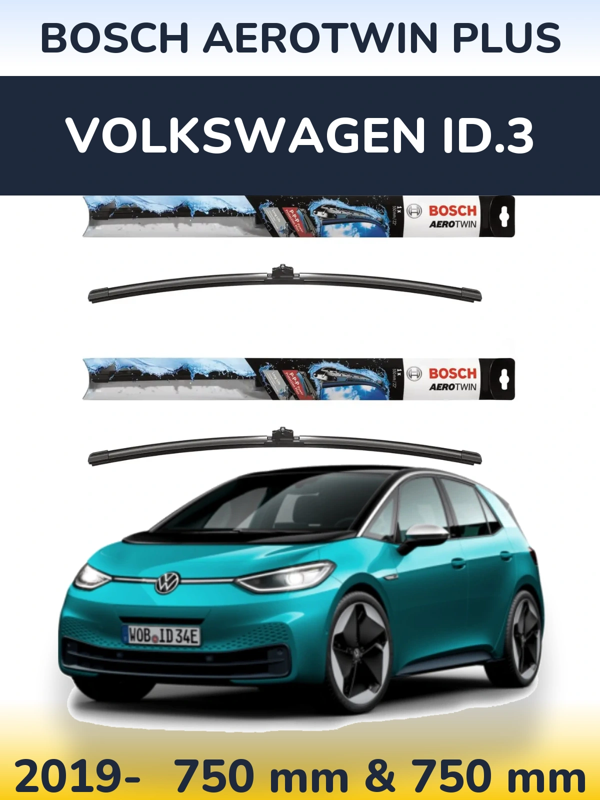 Комплект передніх щіток BOSCH AeroTwin Plus 750 & 750 мм для Volkswagen ID.3 2019-2026