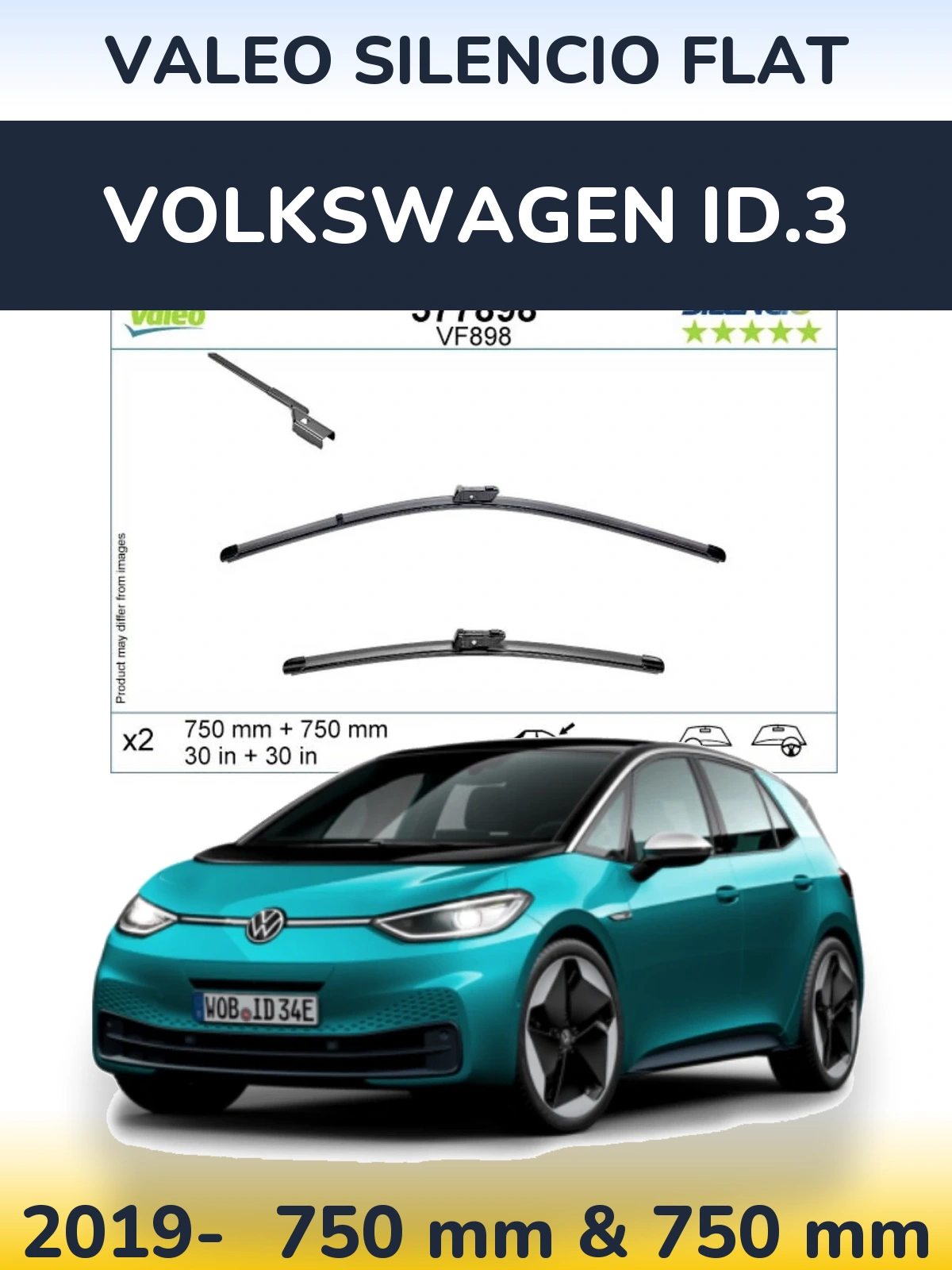 Комплект передніх щіток Valeo Silencio Flat 750 & 750 мм для Volkswagen ID.3 2019-2026