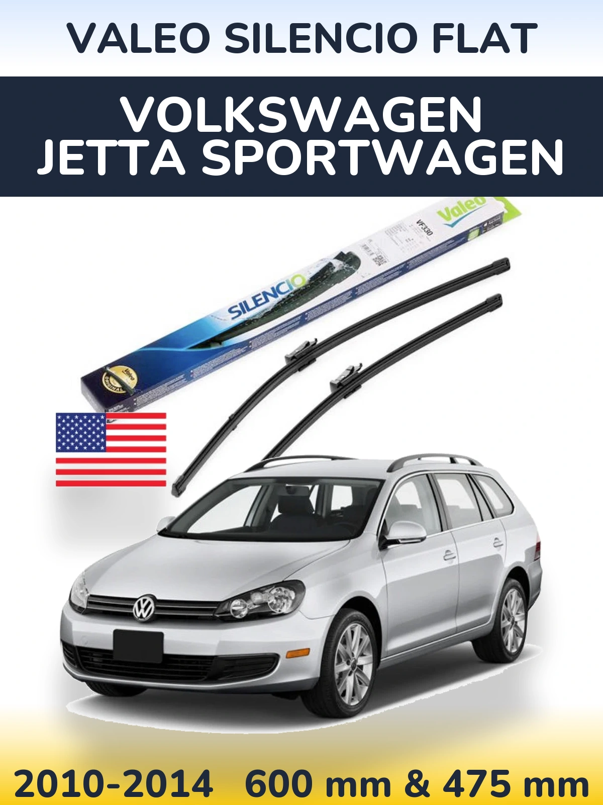 Sada předních stěračů Valeo Silencio Flat 600 a 475 mm pro Volkswagen Jetta SportWagen 2010-2014