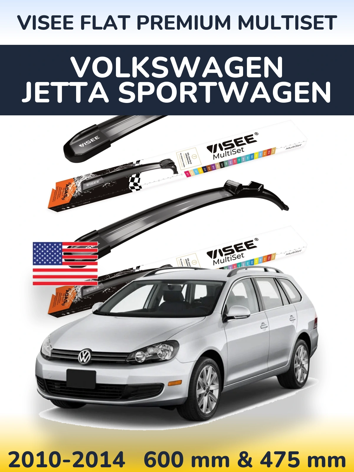 Sada předních stěračů VISEE FLAT PREMIUM MultiSet 600 a 475 mm pro Volkswagen Jetta SportWagen 2010-2014