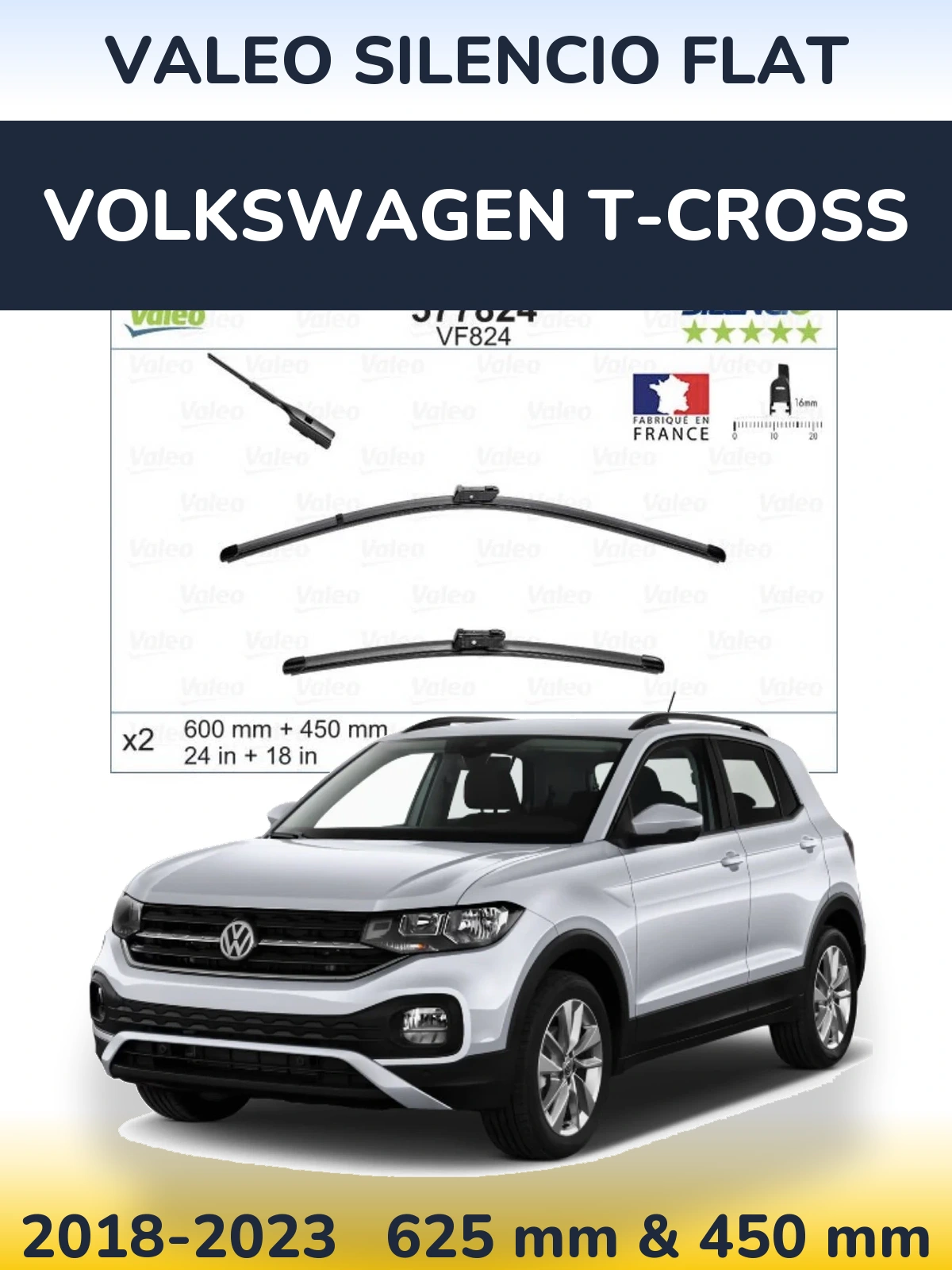 Sada předních stěračů Valeo Silencio Flat 600 a 450 mm pro Volkswagen T-Cross 2018-2023