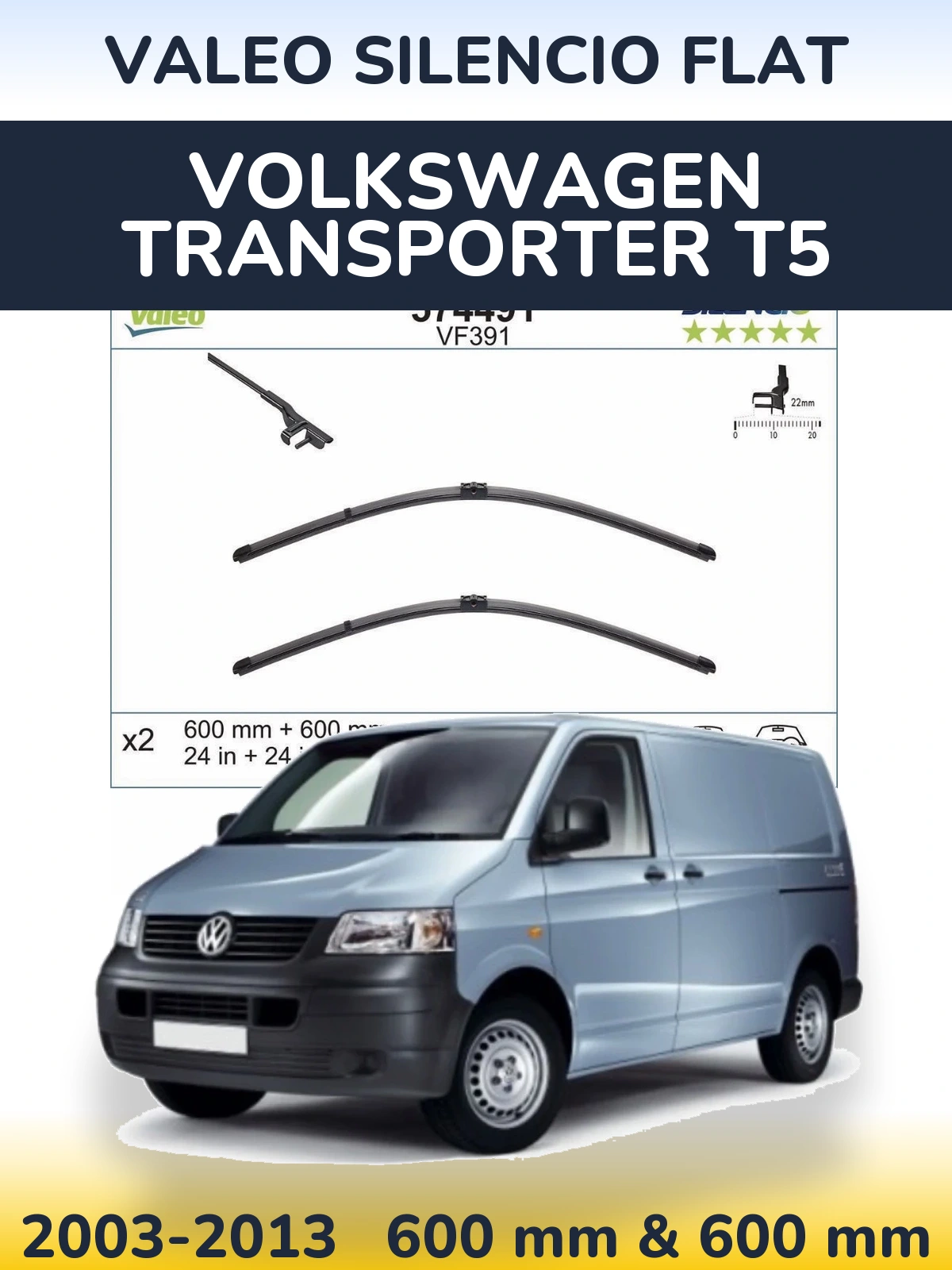Sada předních stěračů Valeo Silencio Flat 600 a 600 mm pro Volkswagen Transporter T5 2003-2013