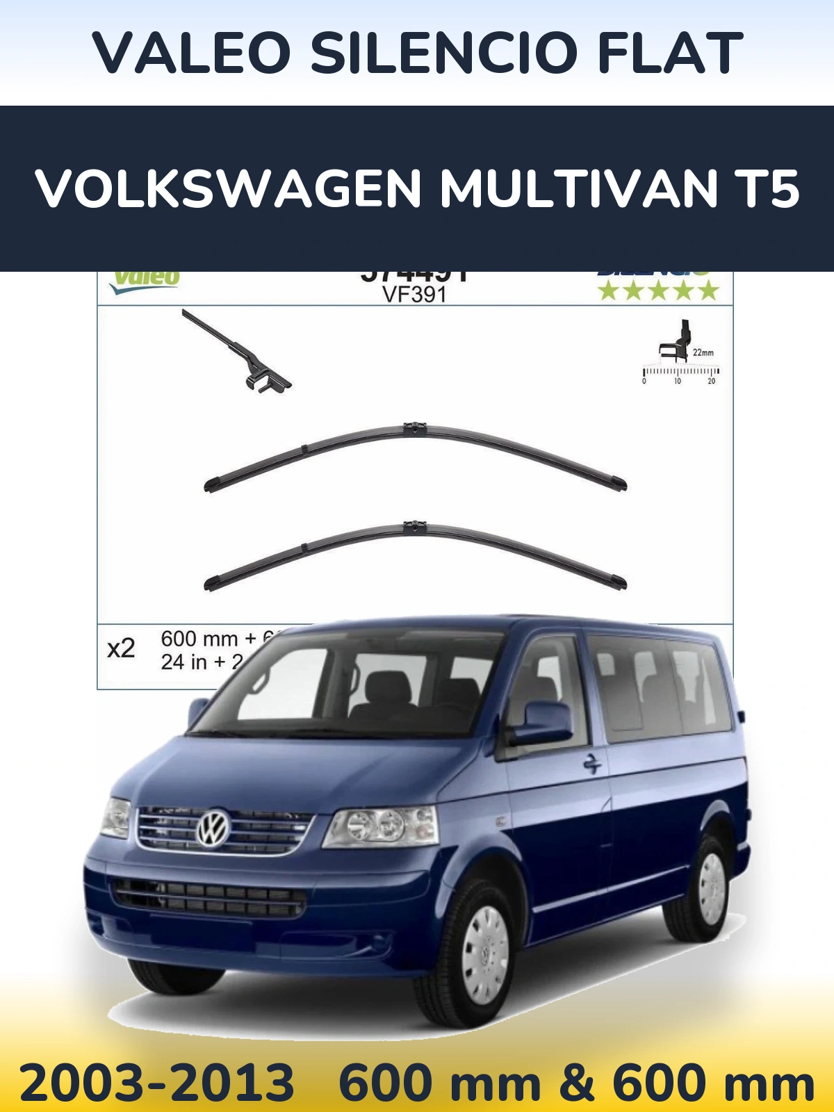 Sada předních stěračů Valeo Silencio Flat 600 a 600 mm pro Volkswagen Multivan T5 2003-2013