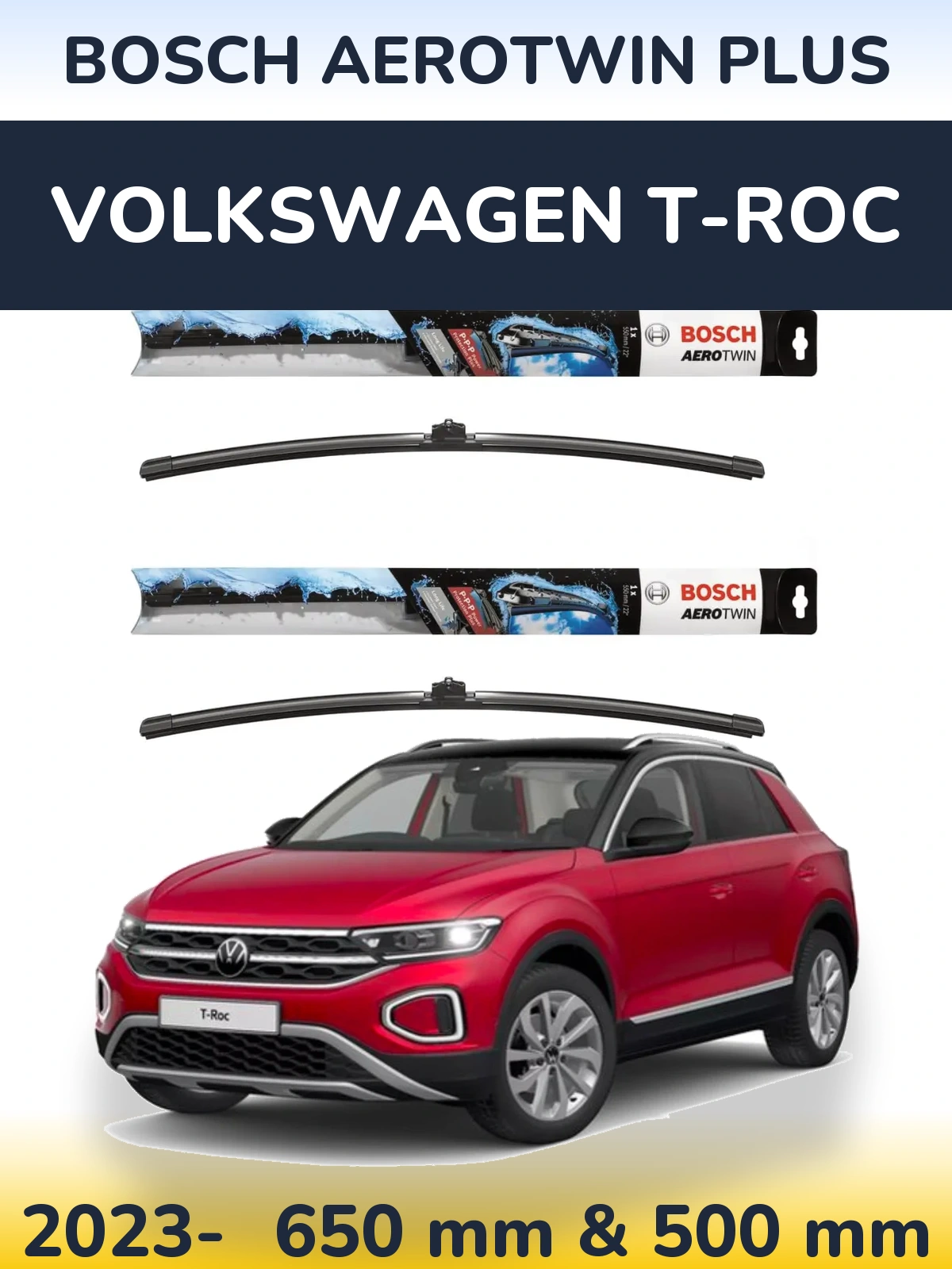 Sada předních stěračů BOSCH AeroTwin Plus 650 a 500 mm pro Volkswagen T-Roc 2023-2026