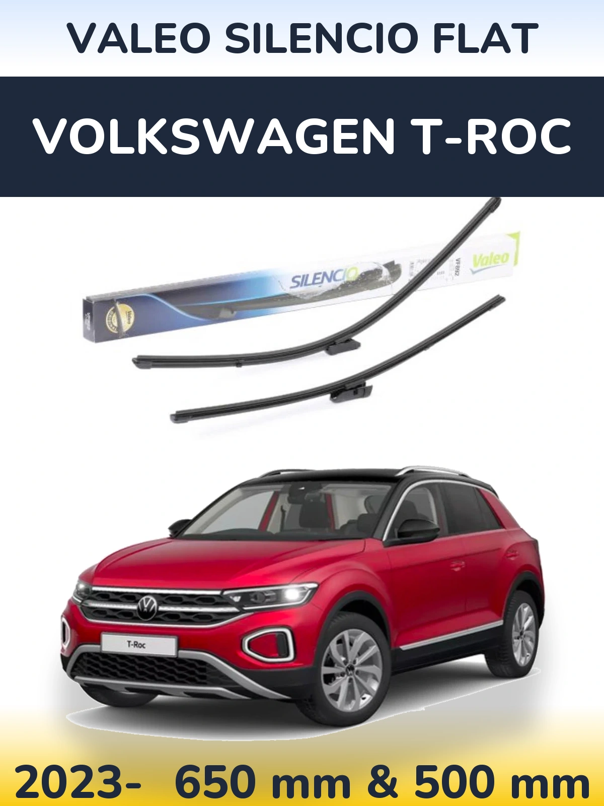 Sada předních stěračů Valeo Silencio Flat 630 a 500 mm pro Volkswagen T-Roc 2023-2026