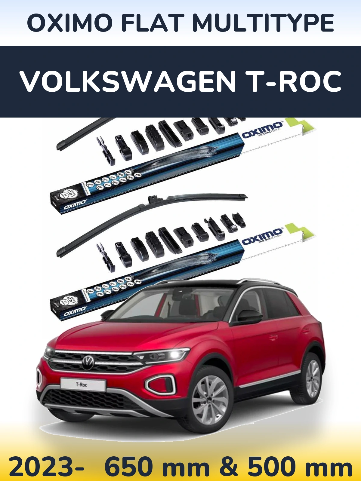 Sada předních stěračů Oximo Flat MultiType 650 a 500 mm pro Volkswagen T-Roc 2023-2026