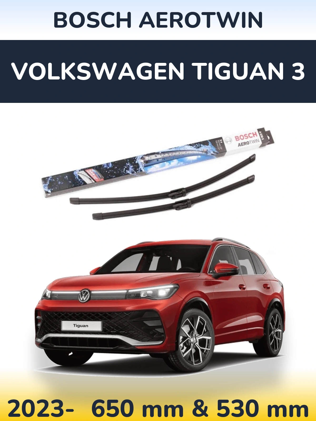 Sada předních stěračů BOSCH AeroTwin 650 a 530 mm pro Volkswagen Tiguan 3 2023-2026