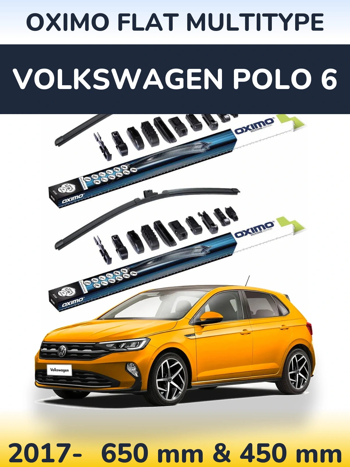 Sada předních stěračů Oximo Flat MultiType 650 a 450 mm pro Volkswagen Polo 6 2017-2026