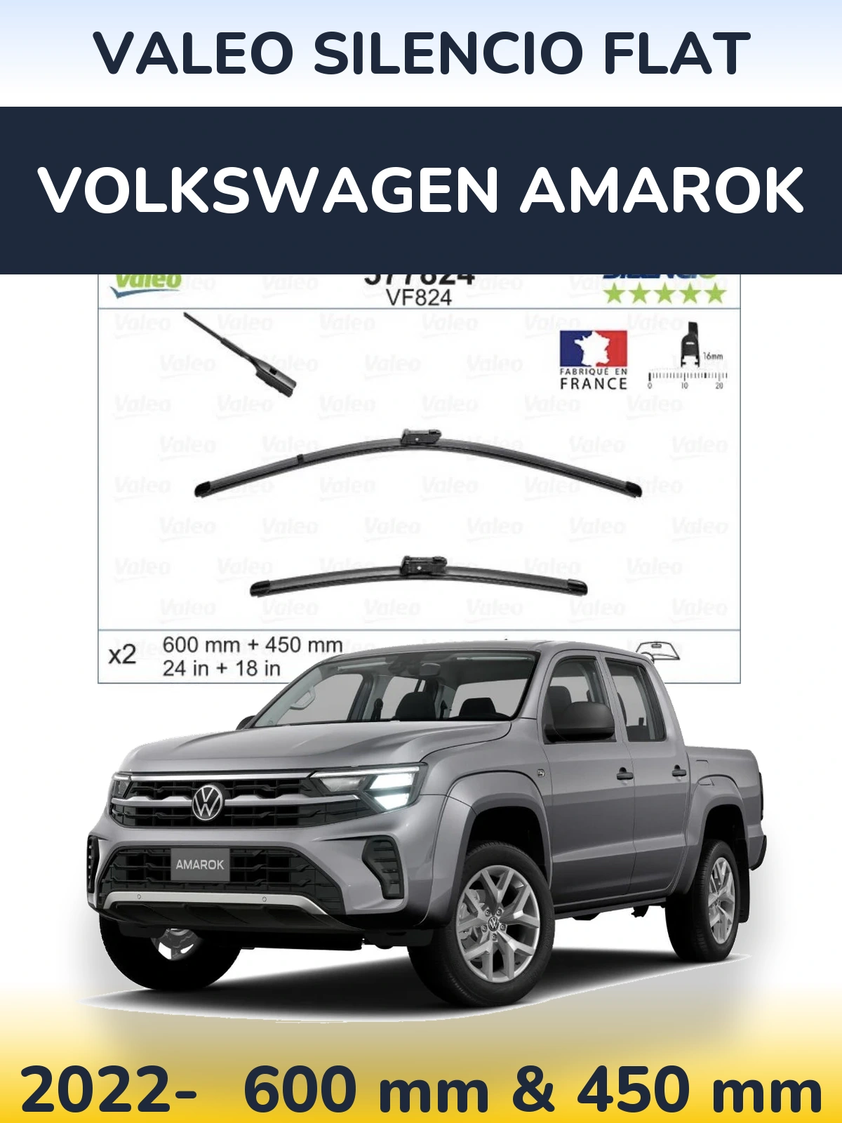 Sada předních stěračů Valeo Silencio Flat 600 a 450 mm pro Volkswagen Amarok 2022-2026