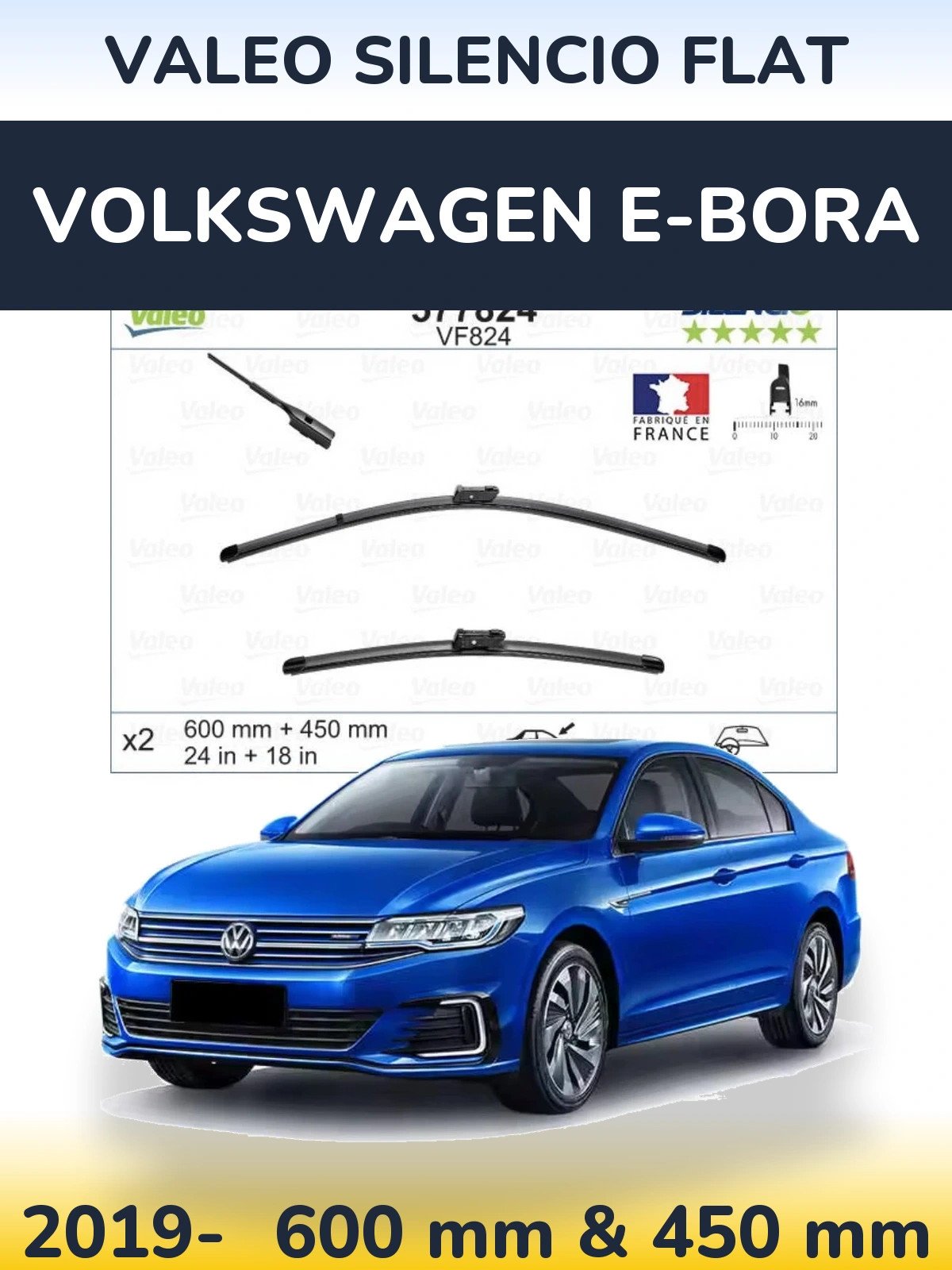 Комплект передніх щіток Valeo Silencio Flat 600 & 450 мм для Volkswagen e-Bora 2019-2026