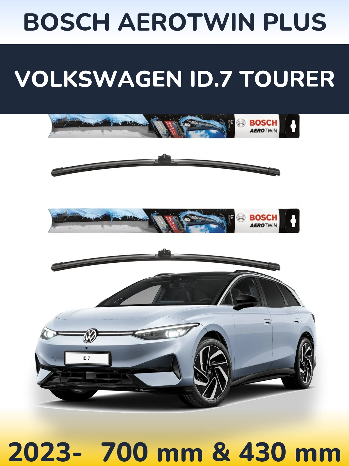 Sada předních stěračů BOSCH AeroTwin Plus 700 a 430 mm pro Volkswagen ID.7 Tourer 2023-2026