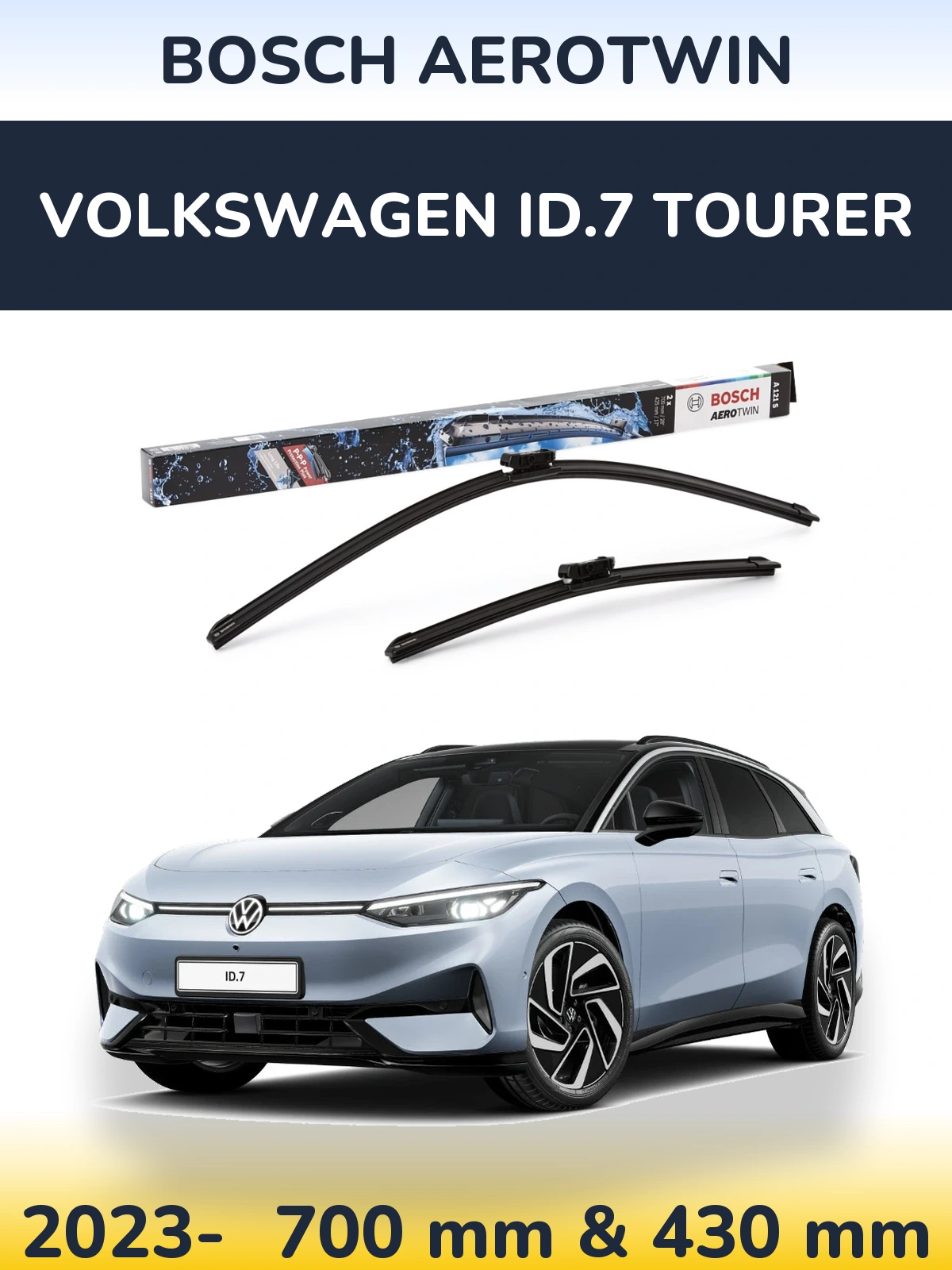 Sada předních stěračů BOSCH AeroTwin 700 a 425 mm pro Volkswagen ID.7 Tourer 2023-2026