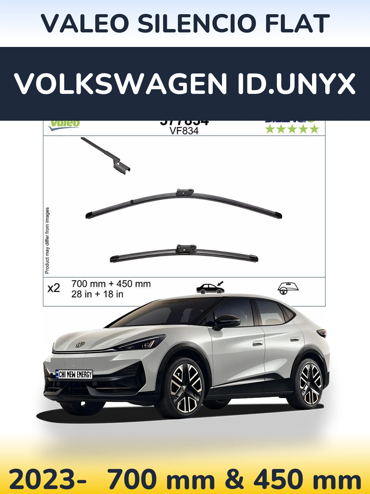Sada předních stěračů Valeo Silencio Flat 700 a 450 mm pro Volkswagen ID.UNYX 2023-2026
