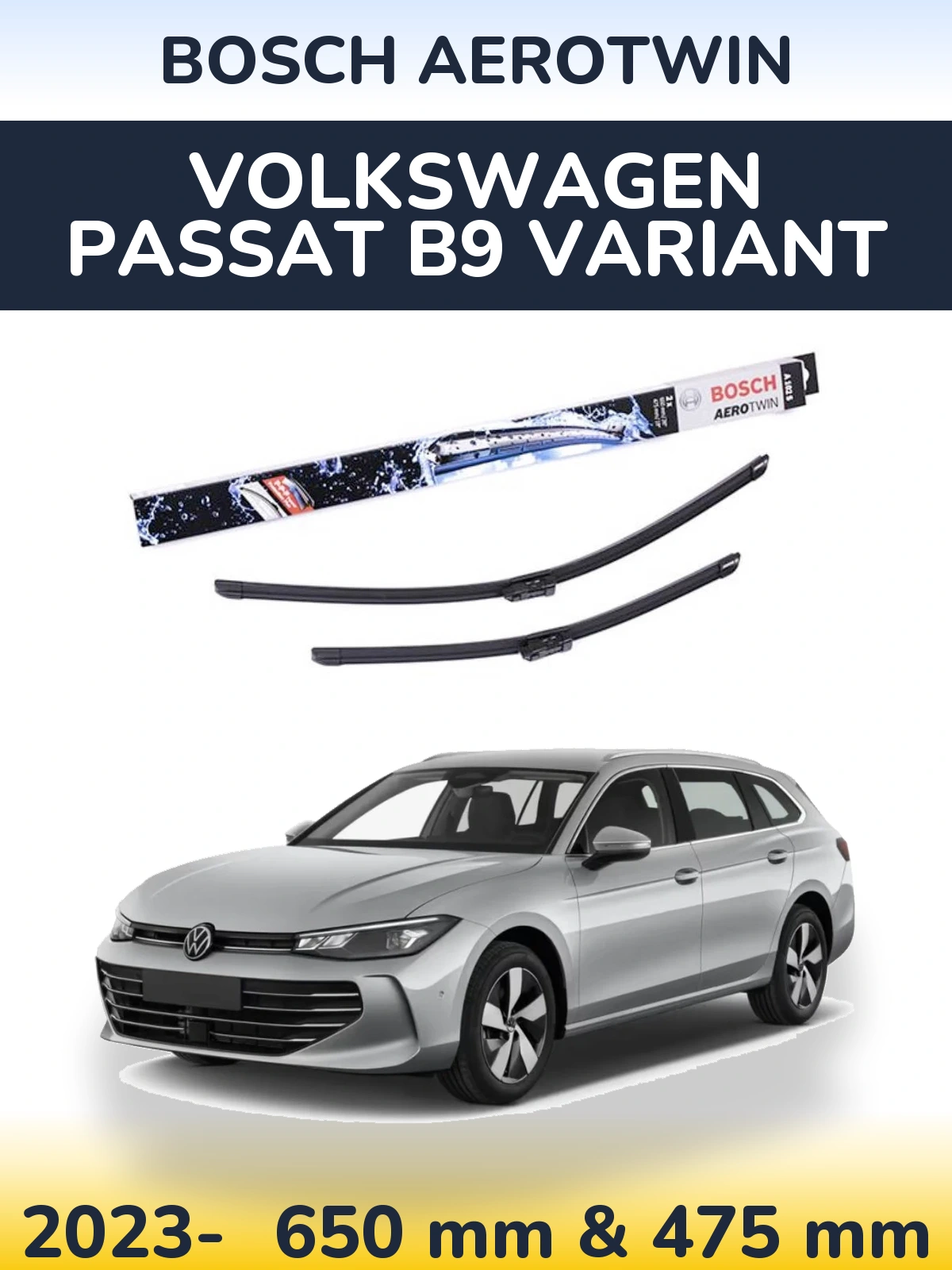 Sada předních stěračů BOSCH AeroTwin 650 a 475 mm pro Volkswagen Passat B9 Variant 2023-2026