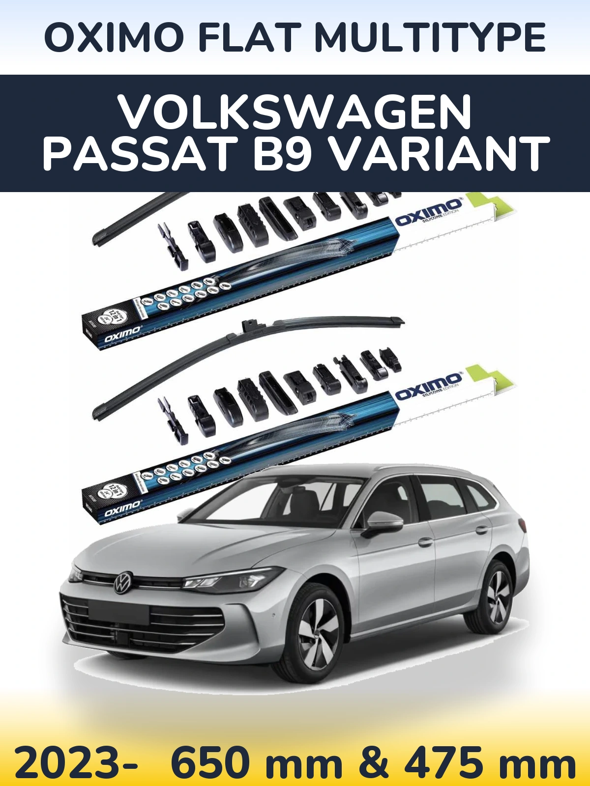 Sada předních stěračů Oximo Flat MultiType 650 a 475 mm pro Volkswagen Passat B9 Variant 2023-2026