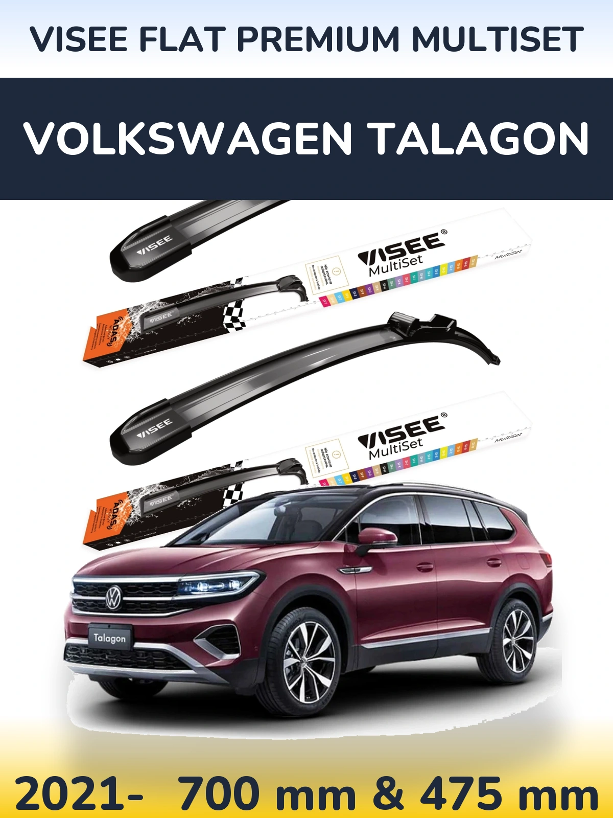 Sada předních stěračů VISEE FLAT PREMIUM MultiSet 700 a 475 mm pro Volkswagen Talagon 2021-2026