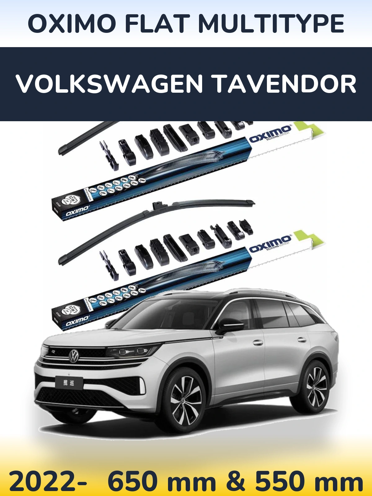 Sada předních stěračů Oximo Flat MultiType 650 a 550 mm pro Volkswagen Tavendor 2022-2026