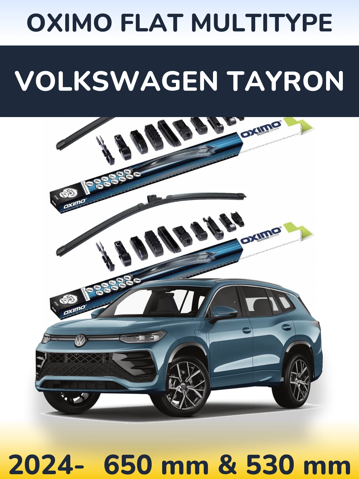 Sada předních stěračů Oximo Flat MultiType 650 a 530 mm pro Volkswagen Tayron 2024-2026