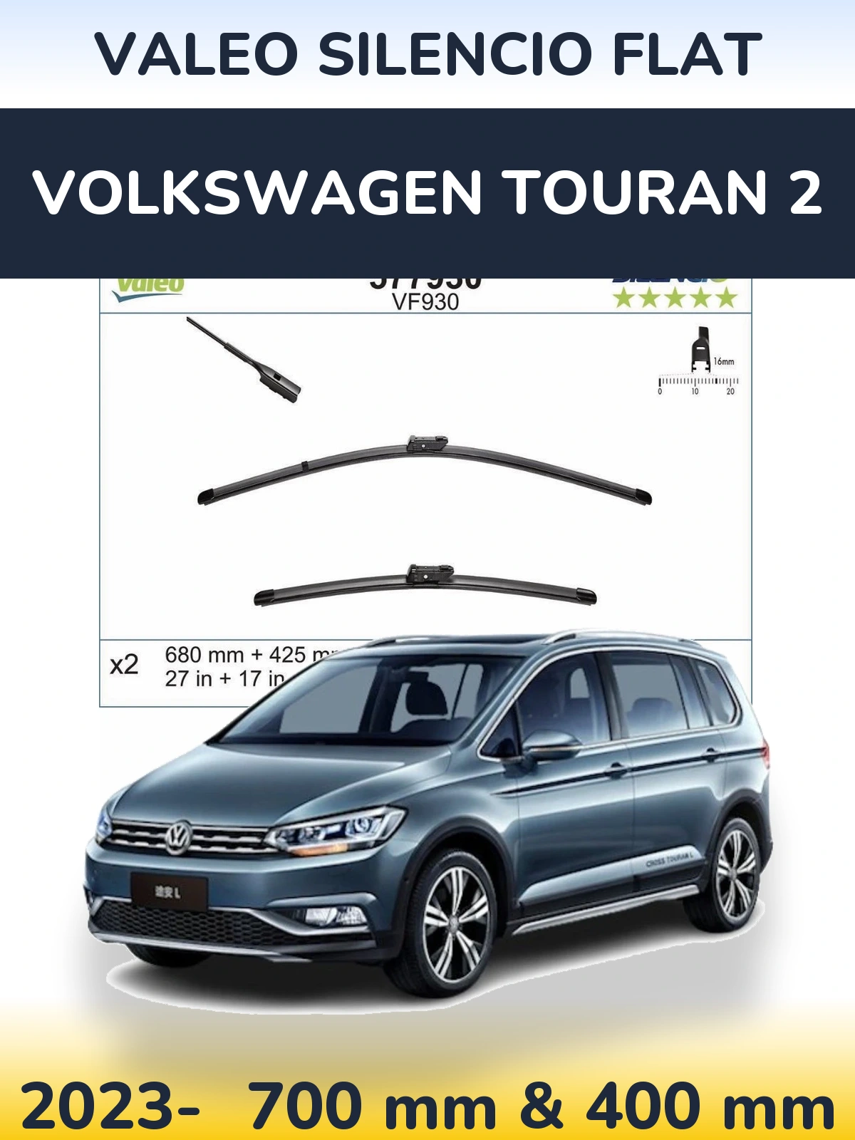 Sada předních stěračů Valeo Silencio Flat 680 a 400 mm pro Volkswagen Touran 2 2023-2026