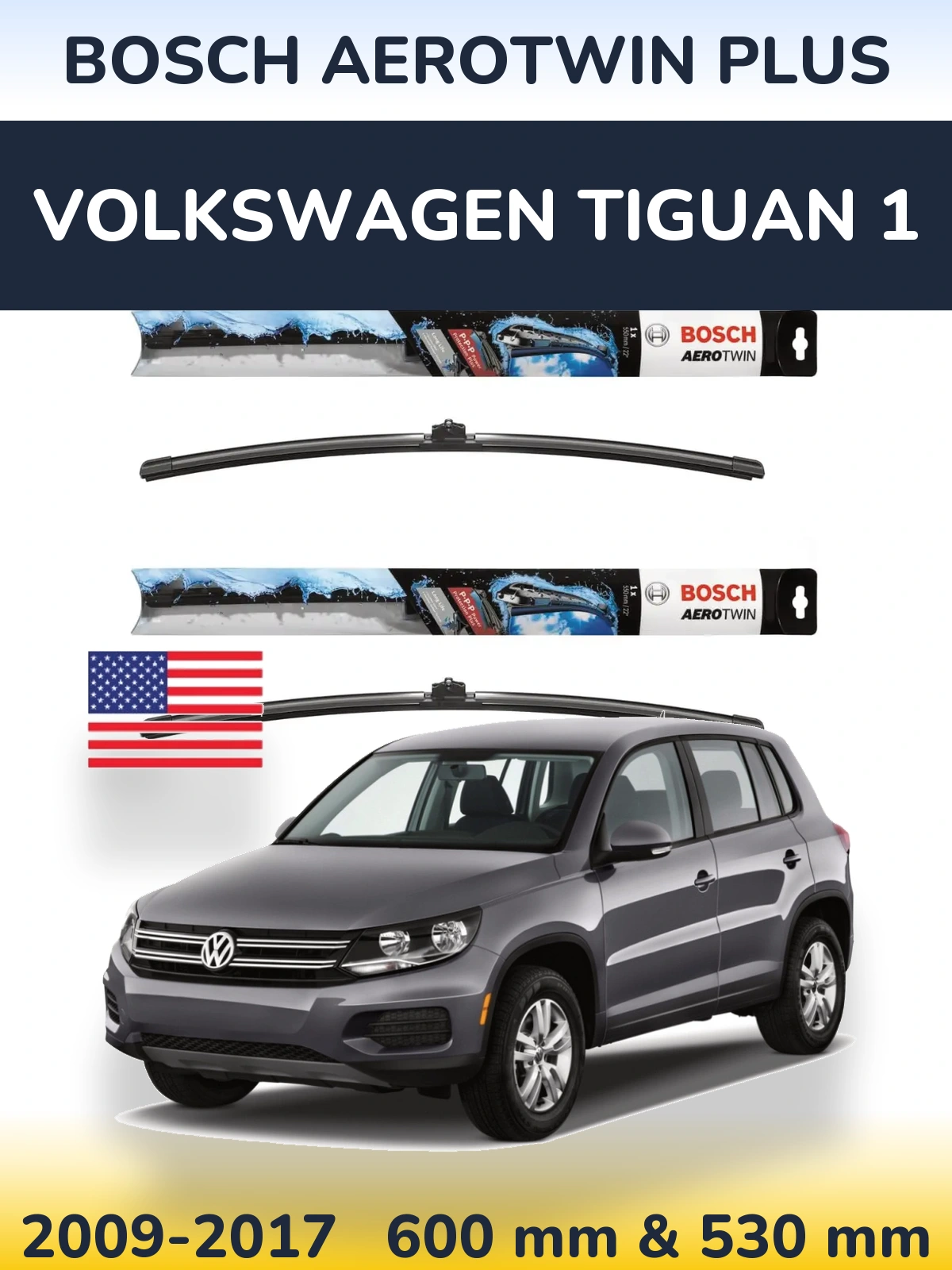 Sada předních stěračů BOSCH AeroTwin Plus 600 a 530 mm pro Volkswagen Tiguan 1 2009-2017