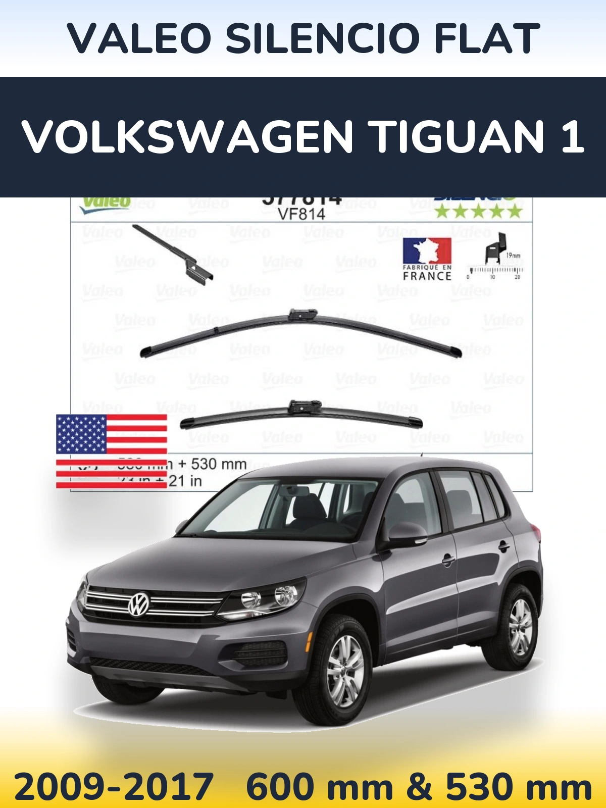 Sada předních stěračů Valeo Silencio Flat 580 a 530 mm pro Volkswagen Tiguan 1 2009-2017