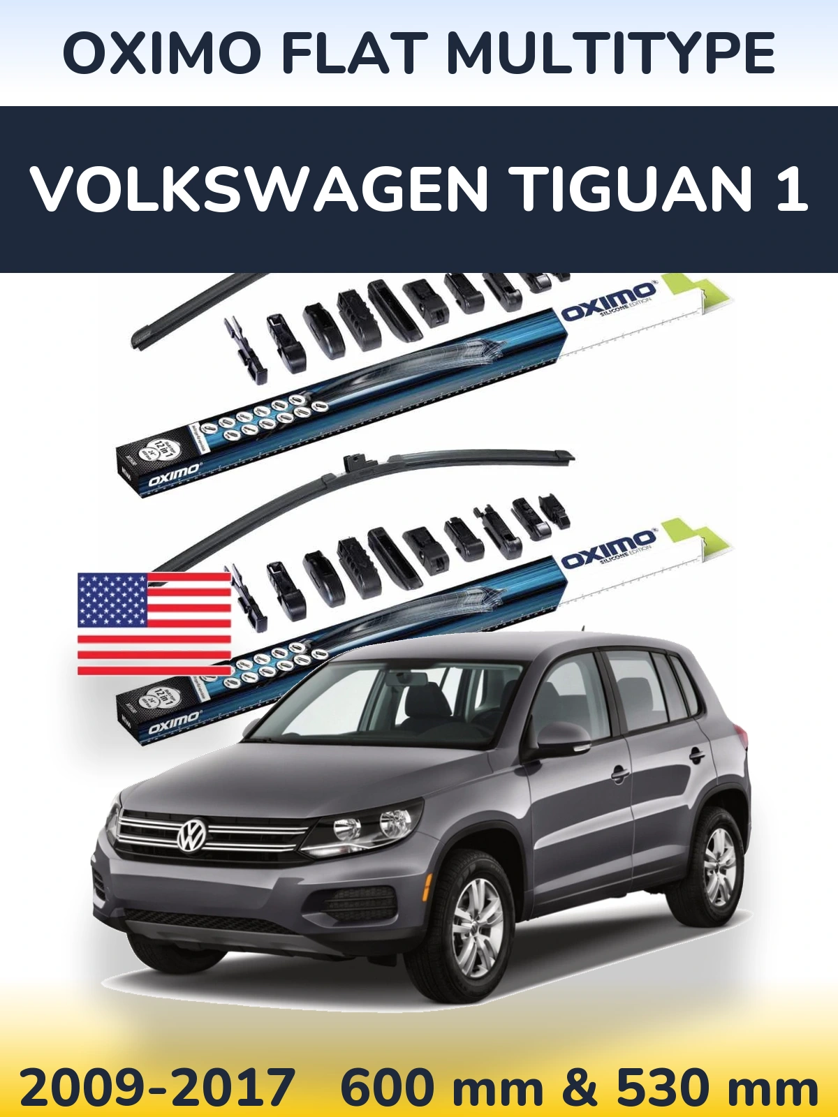 Sada předních stěračů Oximo Flat MultiType 600 a 530 mm pro Volkswagen Tiguan 1 2009-2017