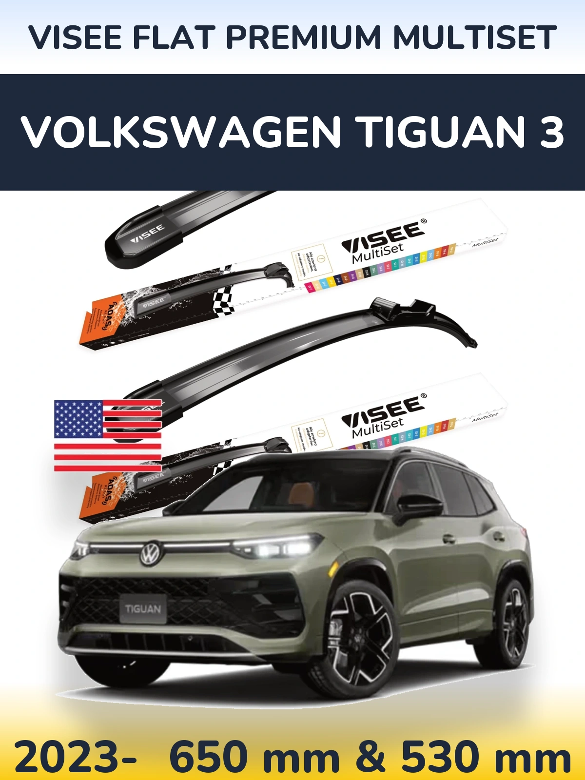 Комплект передніх щіток VISEE FLAT PREMIUM MultiSet 650 & 530 мм для Volkswagen Tiguan 3 2023-2026