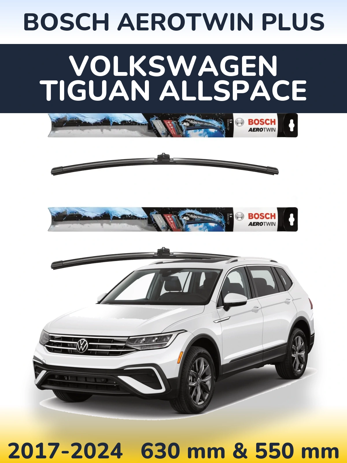 Sada předních stěračů BOSCH AeroTwin Plus 600 a 550 mm pro Volkswagen Tiguan Allspace 2017-2024