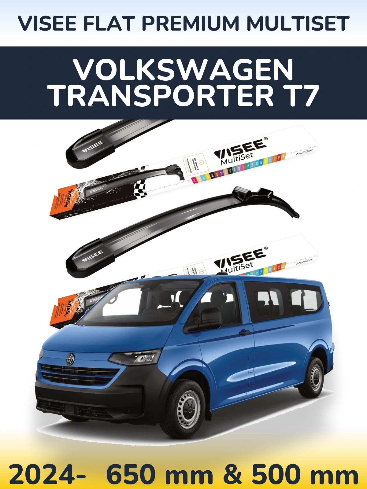 Sada předních stěračů VISEE FLAT PREMIUM MultiSet 650 a 500 mm pro Volkswagen Transporter T7 2024-2026