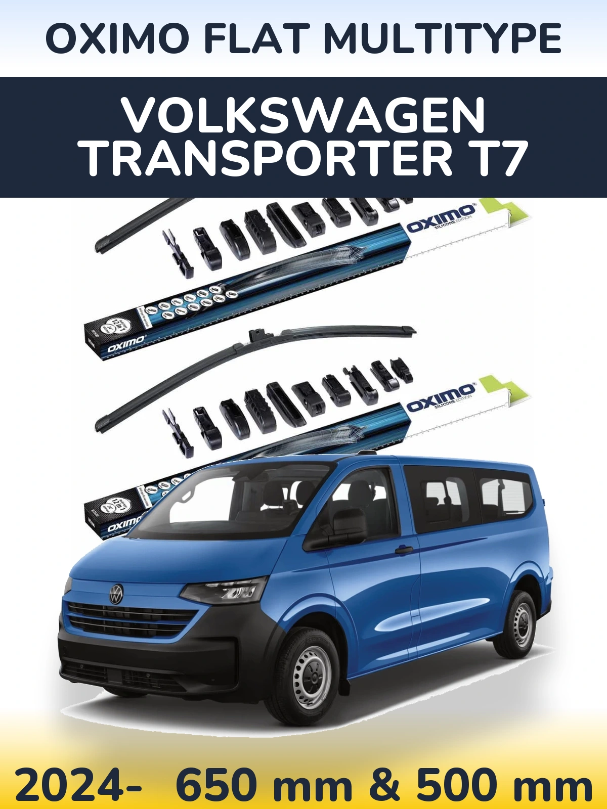 Sada předních stěračů Oximo Flat MultiType 650 a 500 mm pro Volkswagen Transporter T7 2024-2026