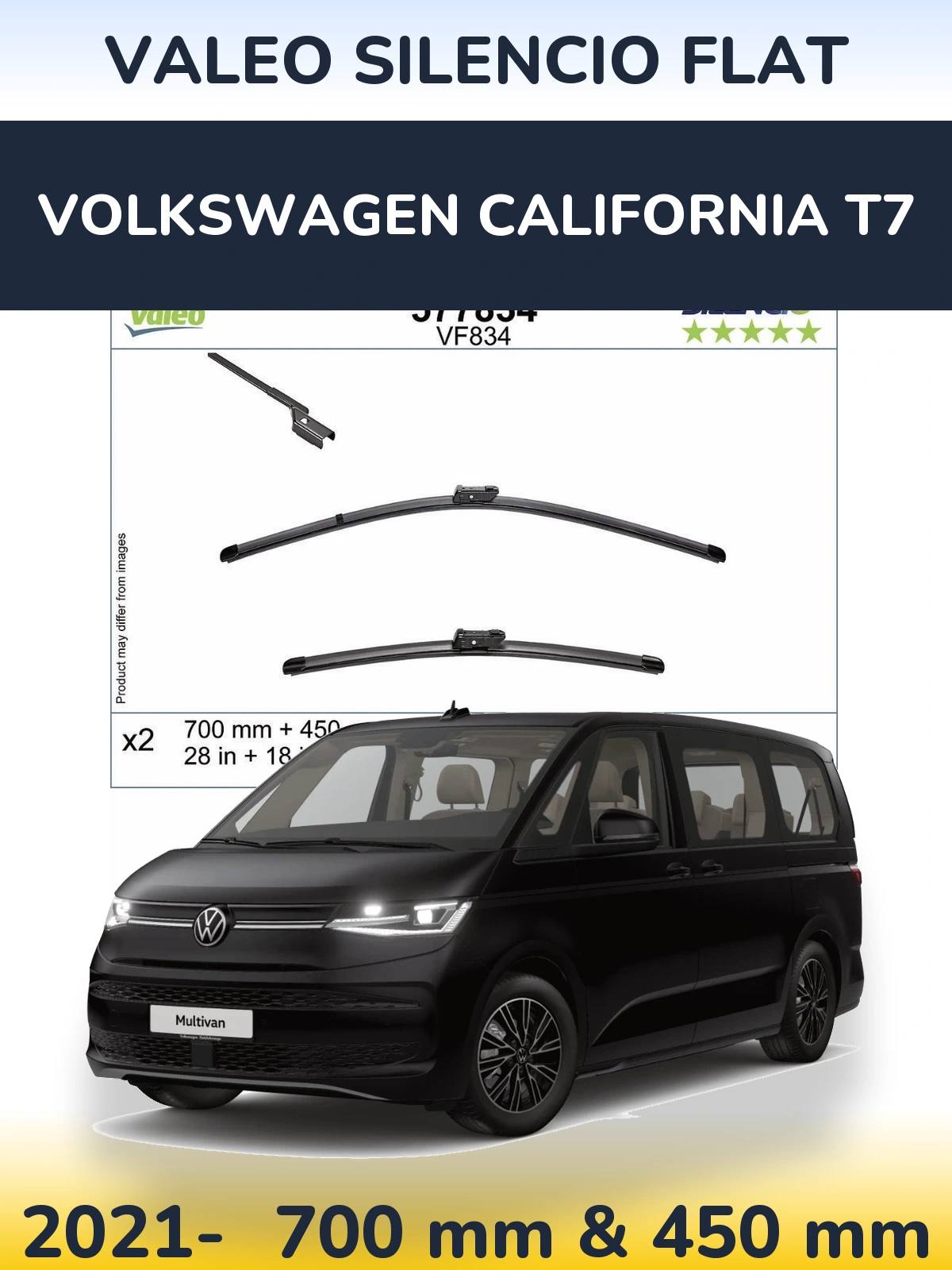 Комплект передніх щіток Valeo Silencio Flat 700 & 450 мм для Volkswagen California T7 2021-2026