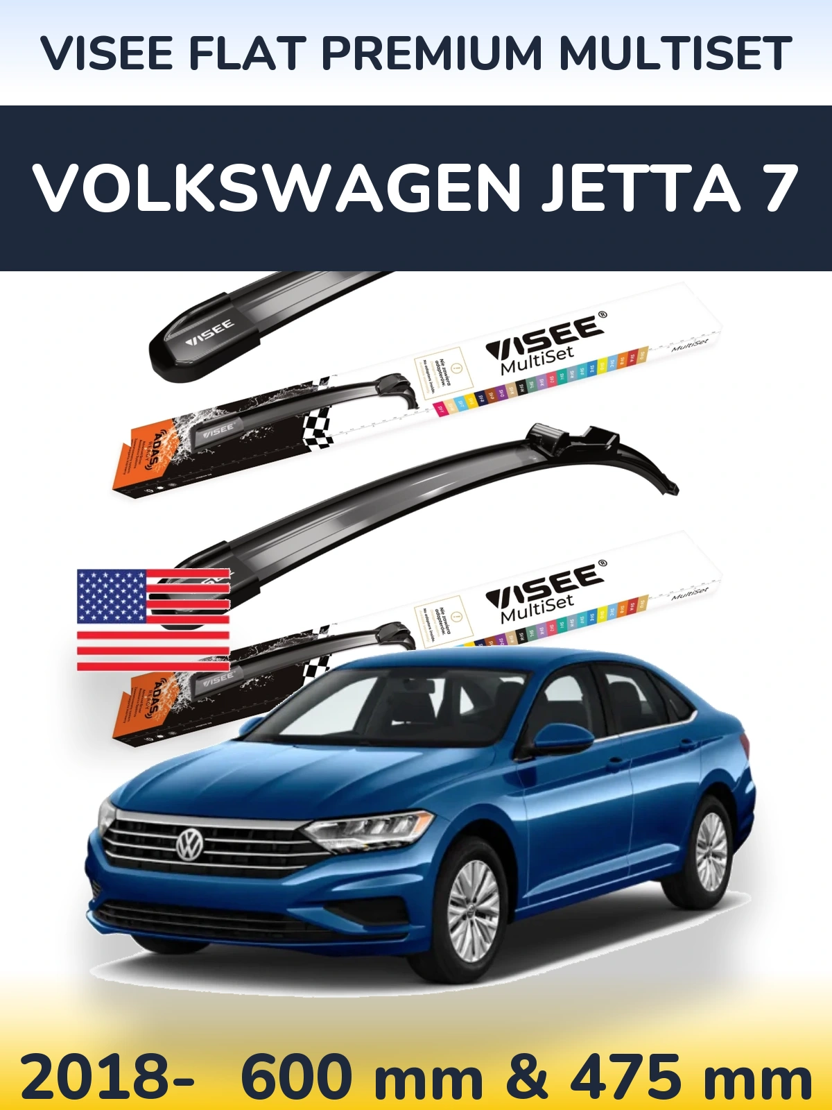 Комплект передніх щіток VISEE FLAT PREMIUM MultiSet 600 & 475 мм для Volkswagen Jetta 7 2018-2026