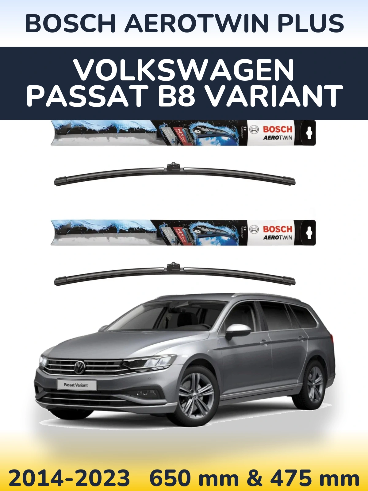 Sada předních stěračů BOSCH AeroTwin Plus 650 a 475 mm pro Volkswagen Passat B8 Variant 2014-2023