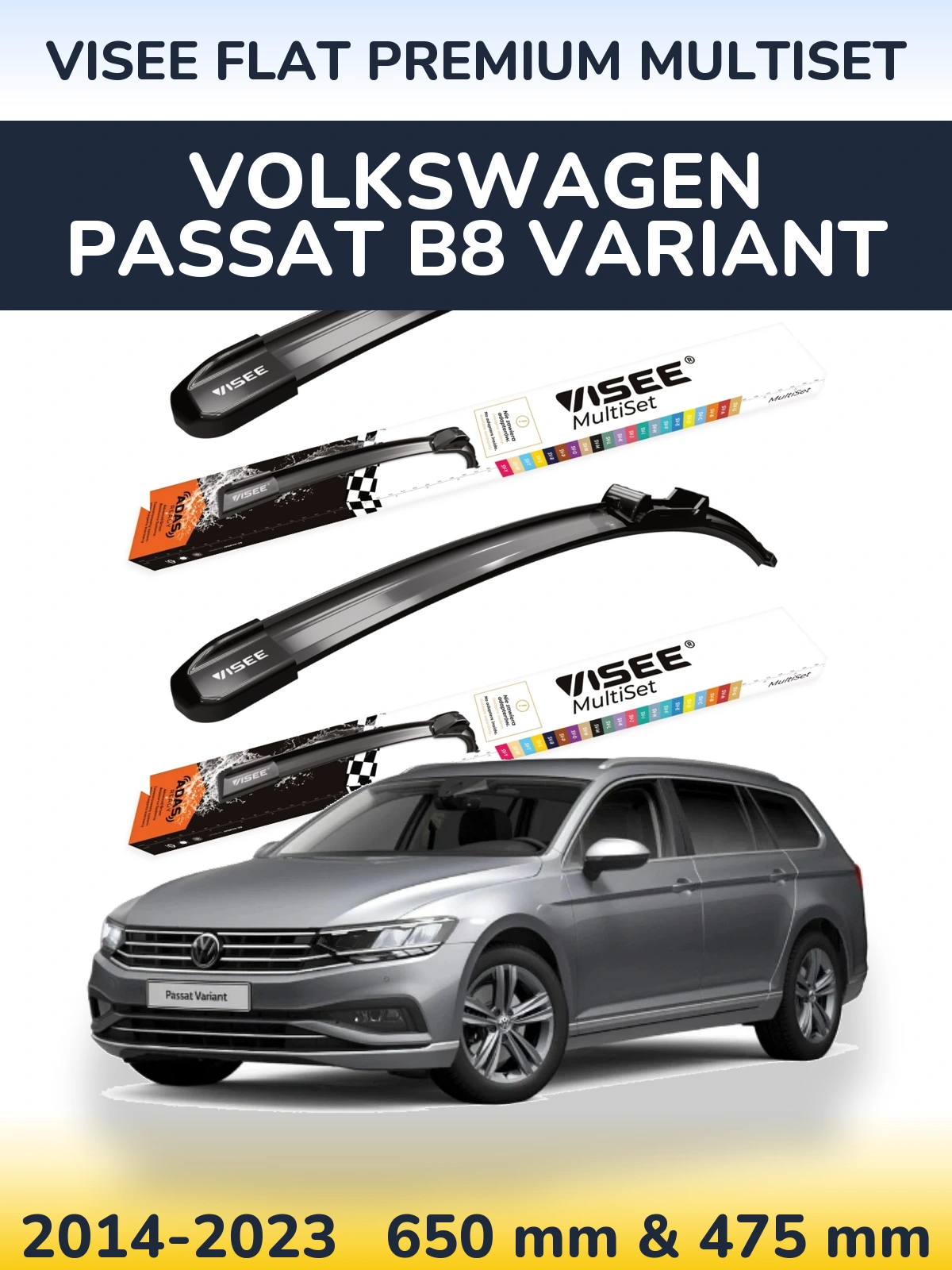 Sada předních stěračů VISEE FLAT PREMIUM MultiSet 650 a 475 mm pro Volkswagen Passat B8 Variant 2014-2023