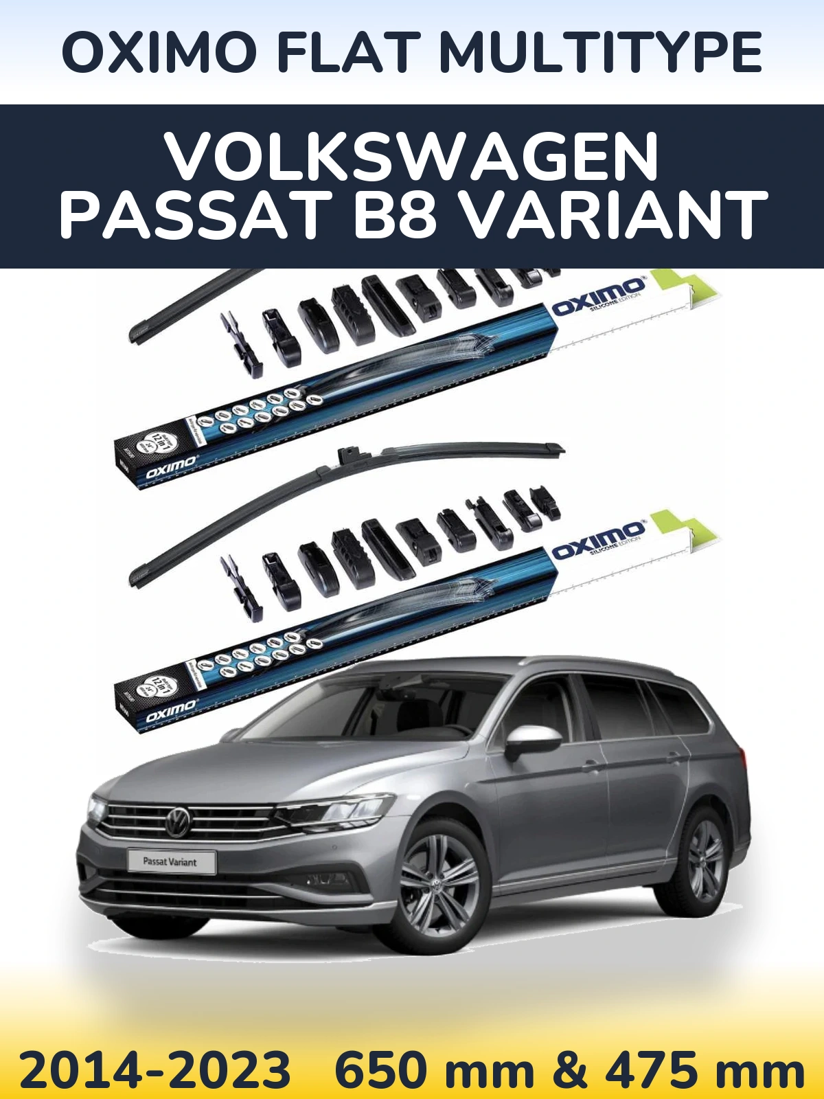 Комплект передніх щіток Oximo Flat MultiТипe 650 & 475 мм для Volkswagen Passat B8 Variant 2014-2023