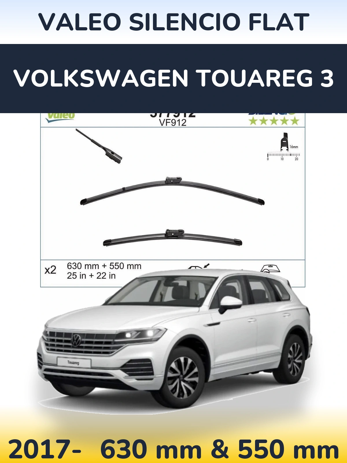Sada předních stěračů Valeo Silencio Flat 630 a 550 mm pro Volkswagen Touareg 3 2017-2026