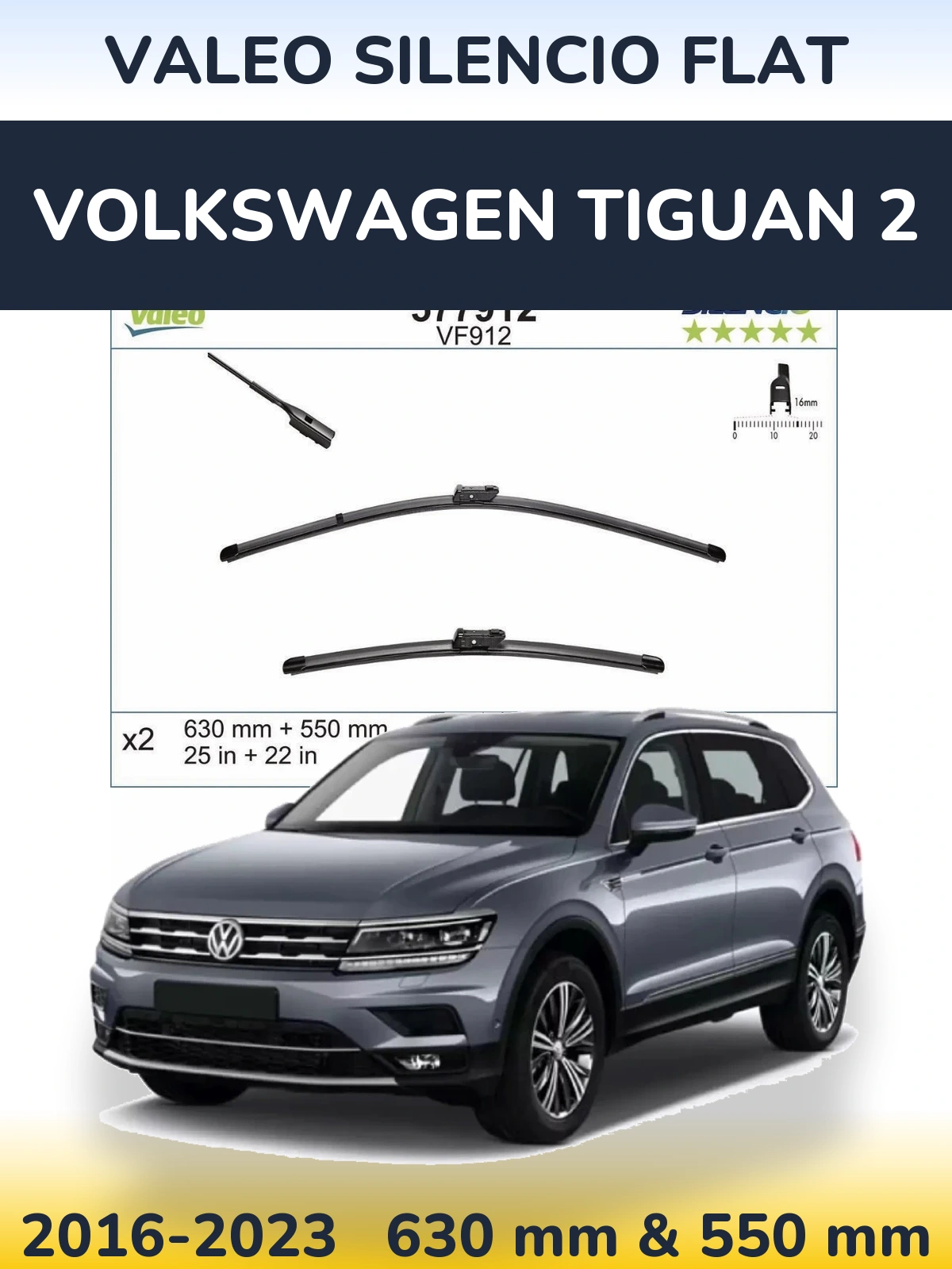 Sada předních stěračů Valeo Silencio Flat 630 a 550 mm pro Volkswagen Tiguan 2 2016-2023