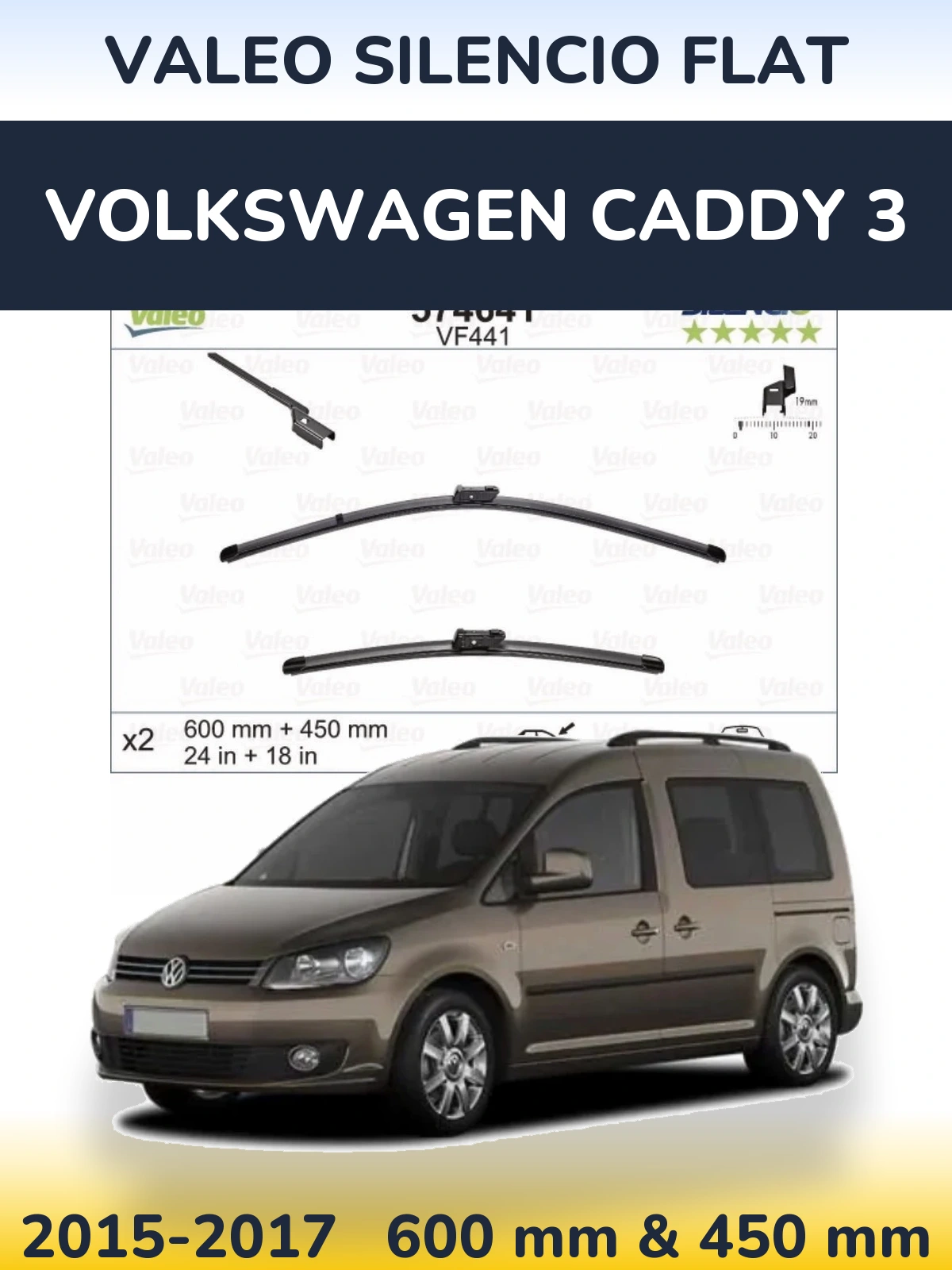 Sada předních stěračů Valeo Silencio Flat 600 a 450 mm pro Volkswagen Caddy 3 2015-2017