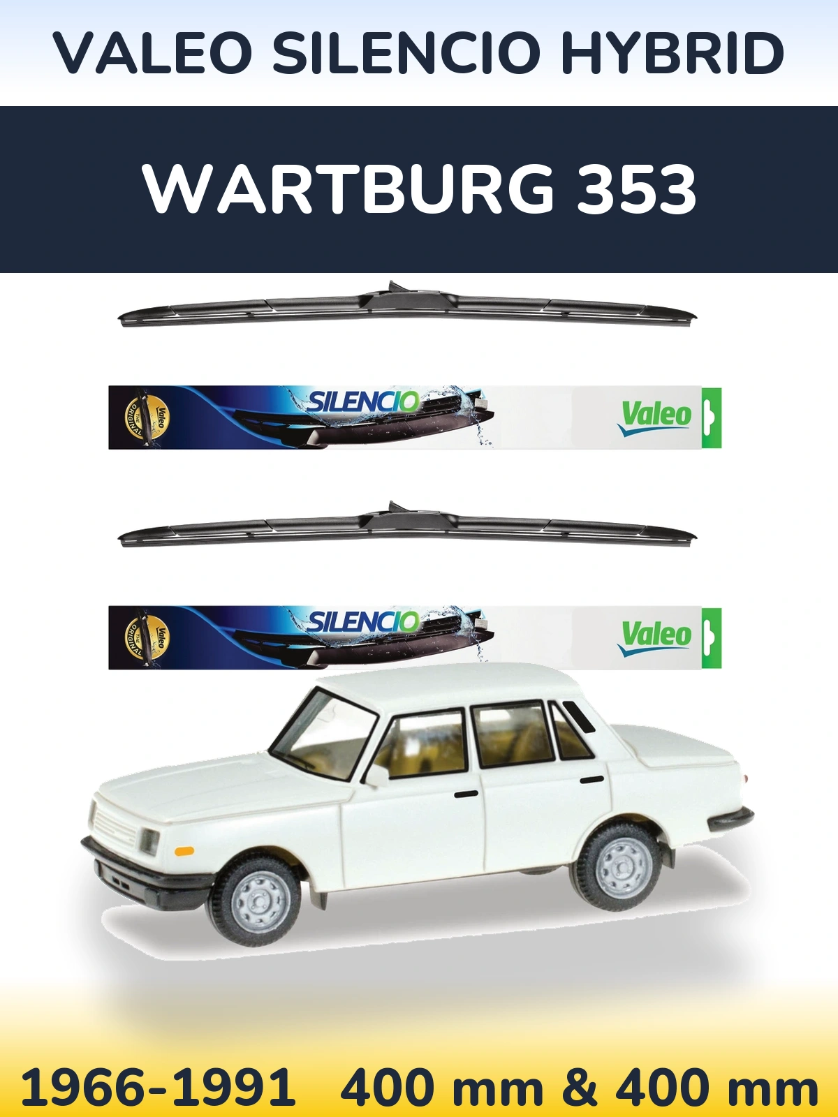 Sada předních stěračů Valeo Silencio Hybrid 400 a 400 mm pro Wartburg 353 1966-1991