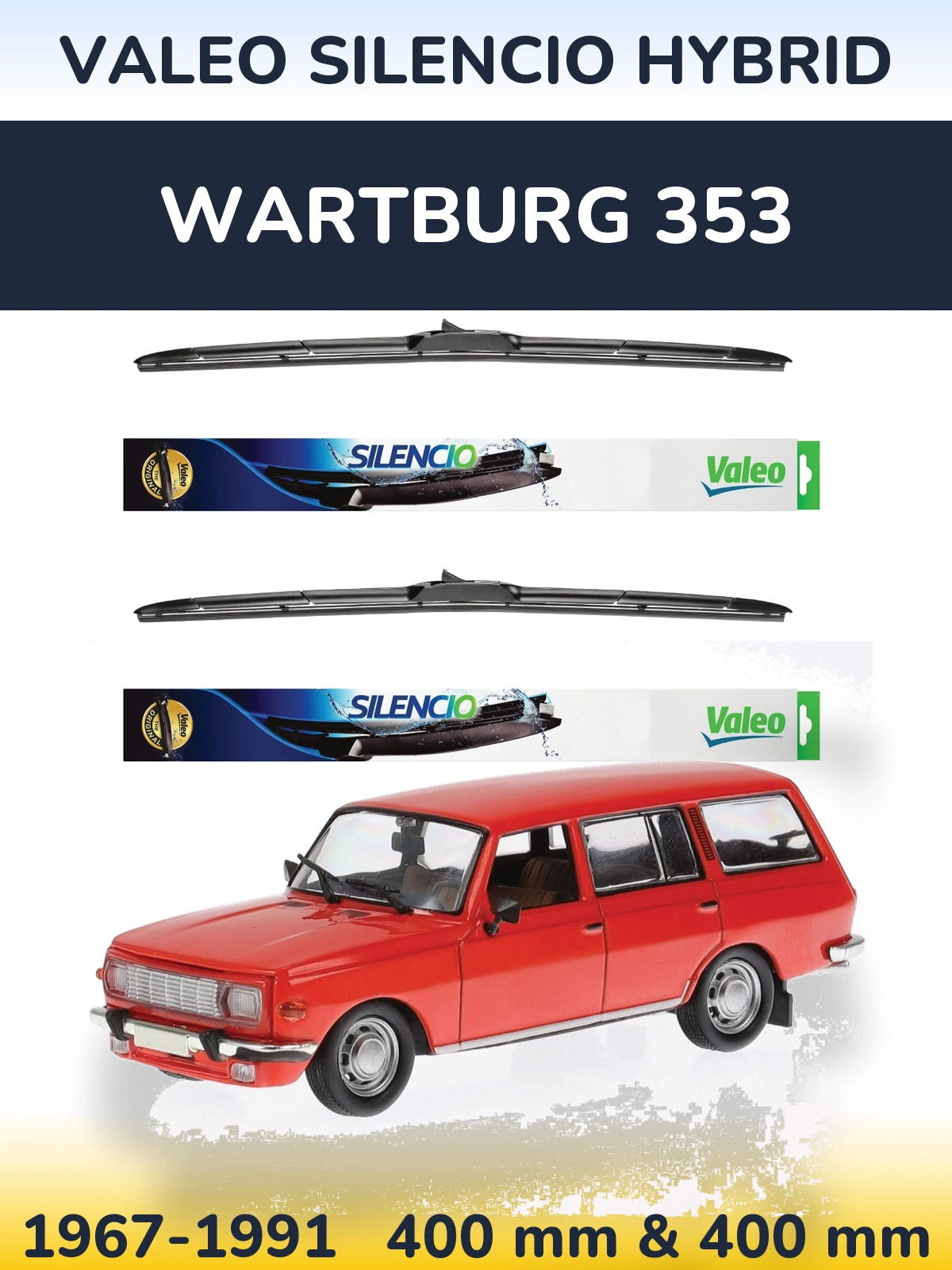 Sada předních stěračů Valeo Silencio Hybrid 400 a 400 mm pro Wartburg 353 1967-1991
