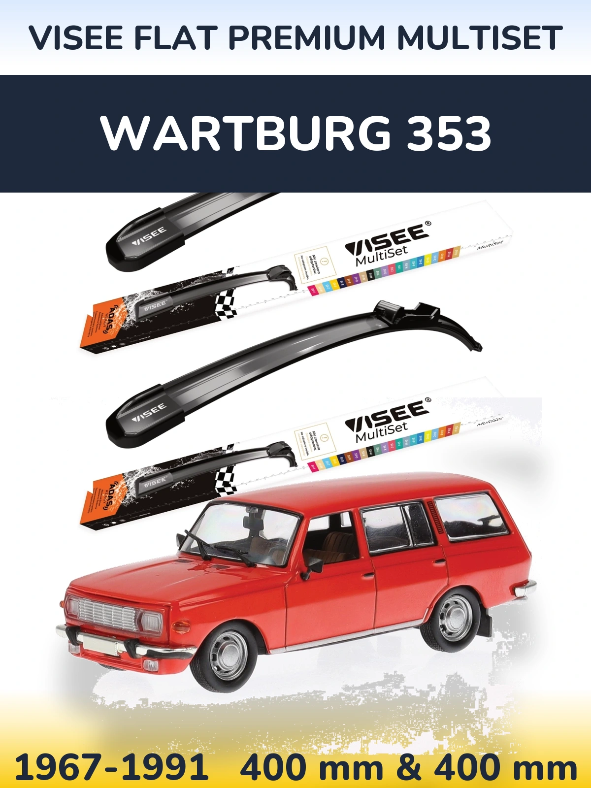 Sada předních stěračů VISEE FLAT PREMIUM MultiSet 400 a 400 mm pro Wartburg 353 1967-1991