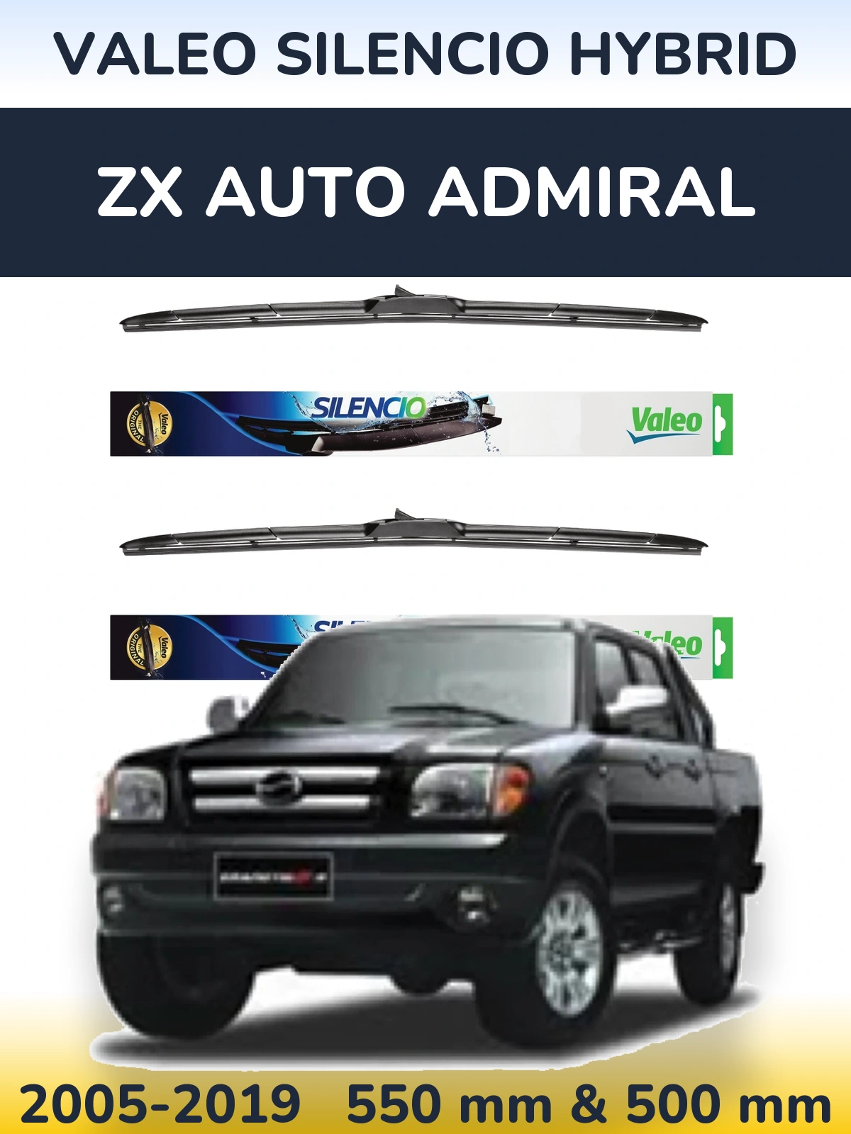 Sada předních stěračů Valeo Silencio Hybrid 550 a 500 mm pro ZX Auto Admiral 2005-2019