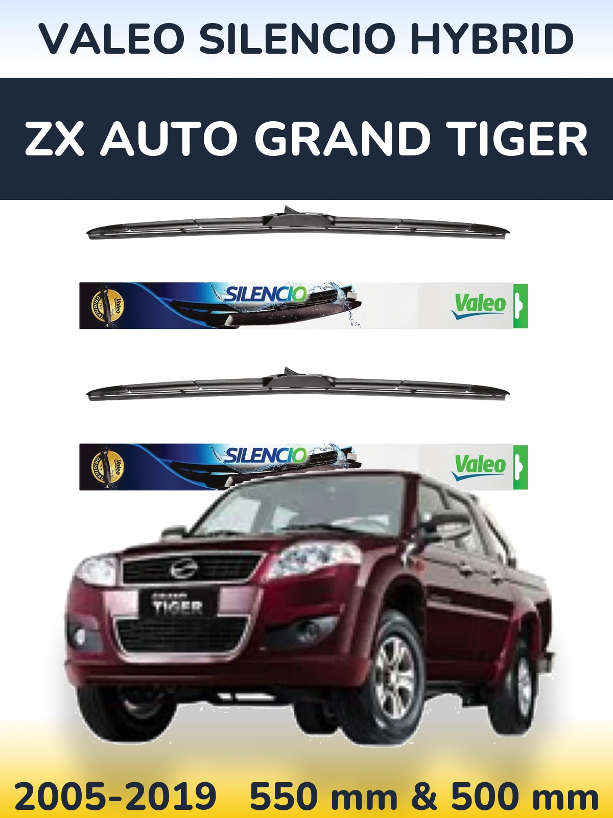 Sada předních stěračů Valeo Silencio Hybrid 550 a 500 mm pro ZX Auto Grand Tiger 2005-2019